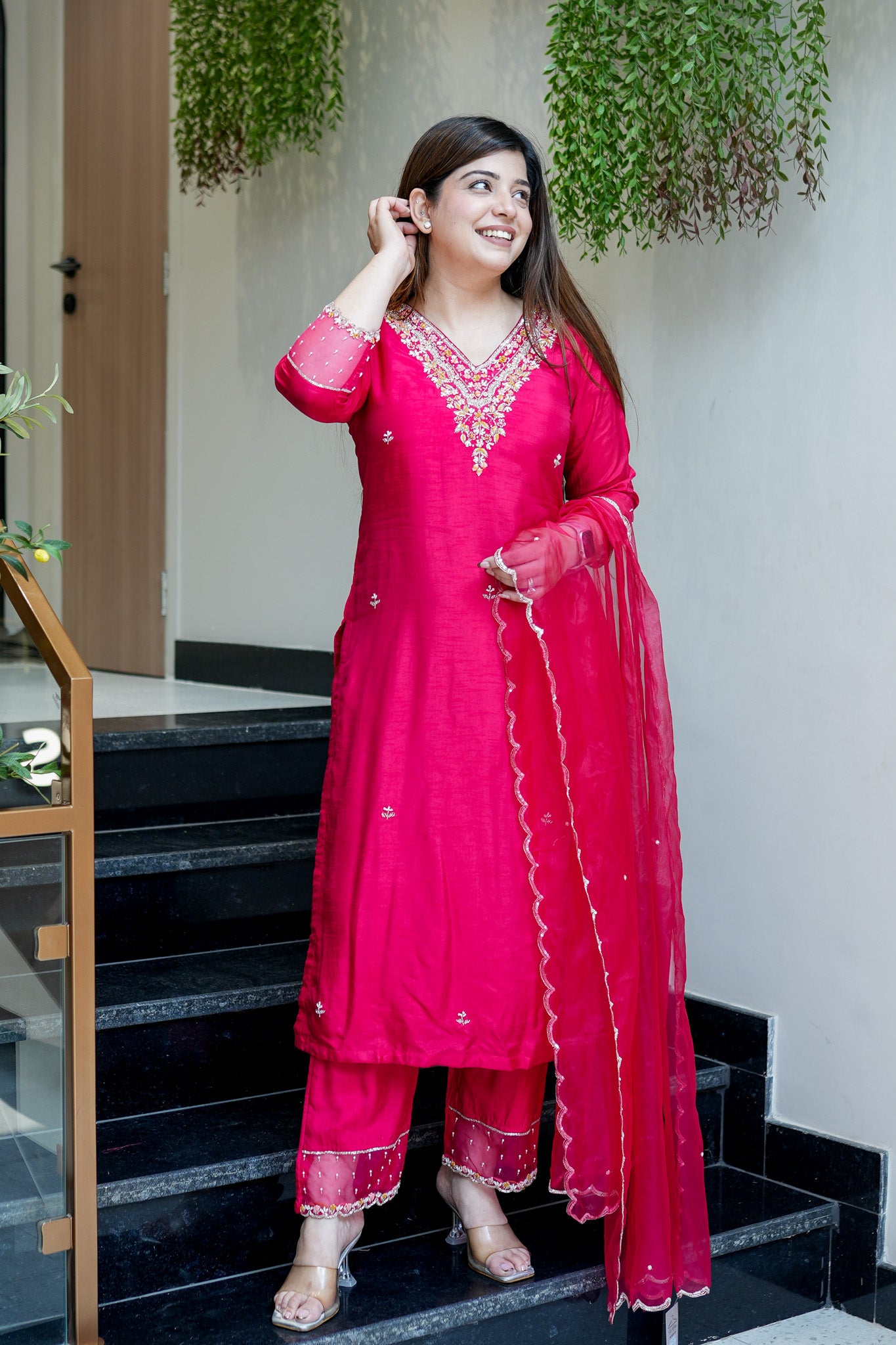 Anvi Hot Pink Embroidered Suit Set