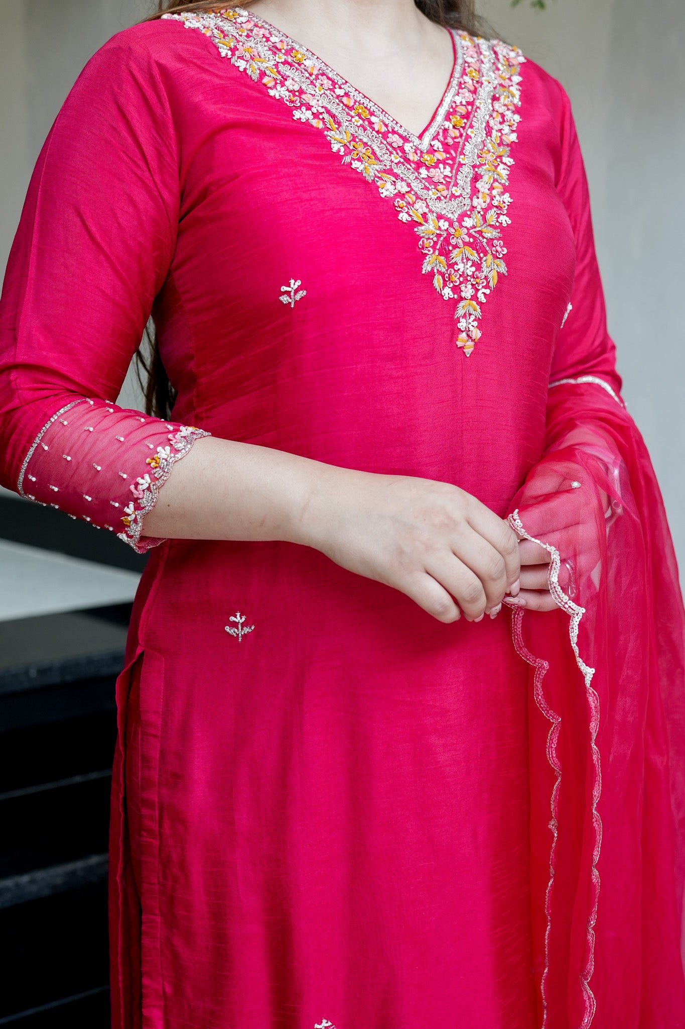 Anvi Hot Pink Embroidered Suit Set