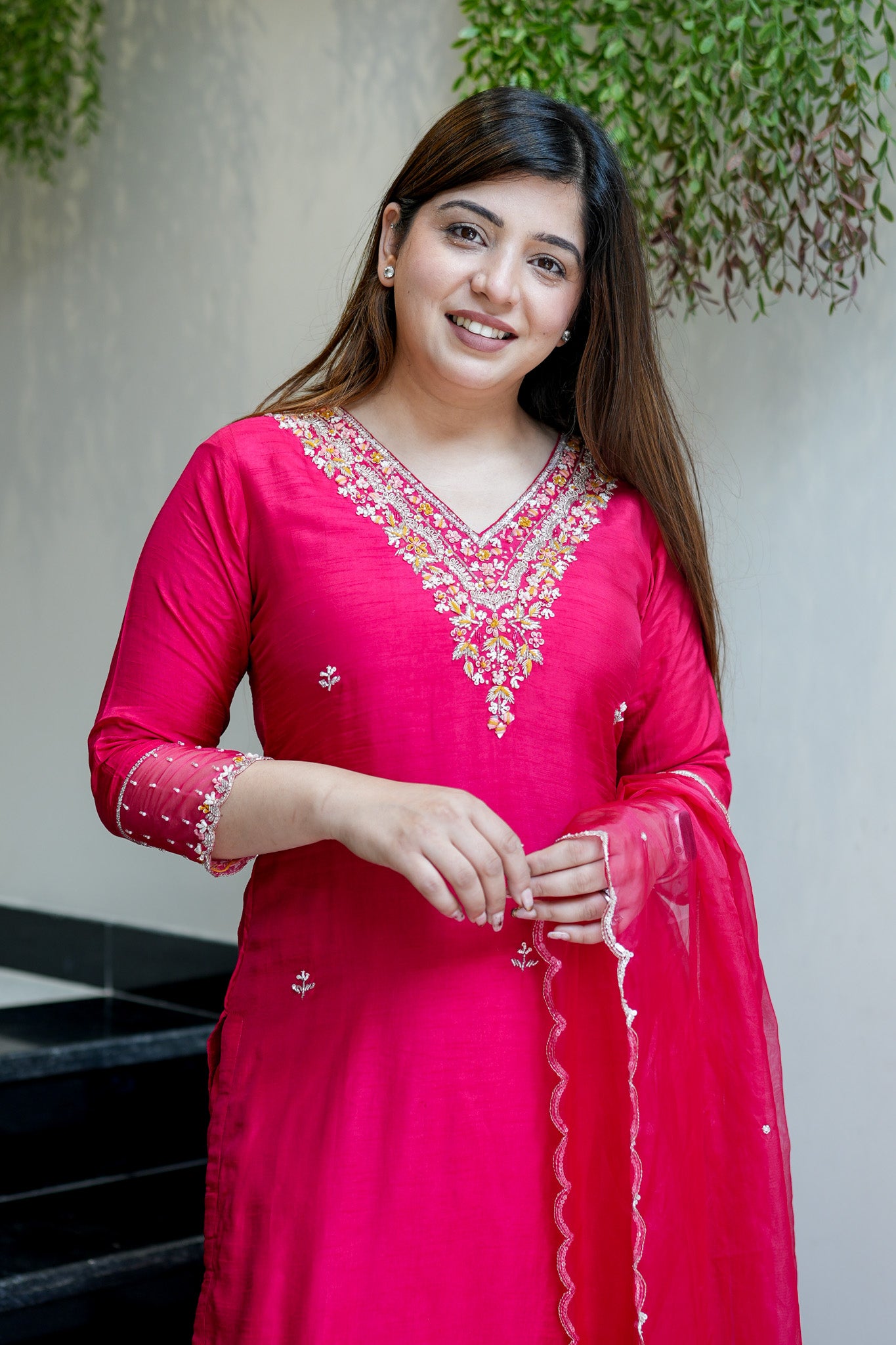 Anvi Hot Pink Embroidered Suit Set