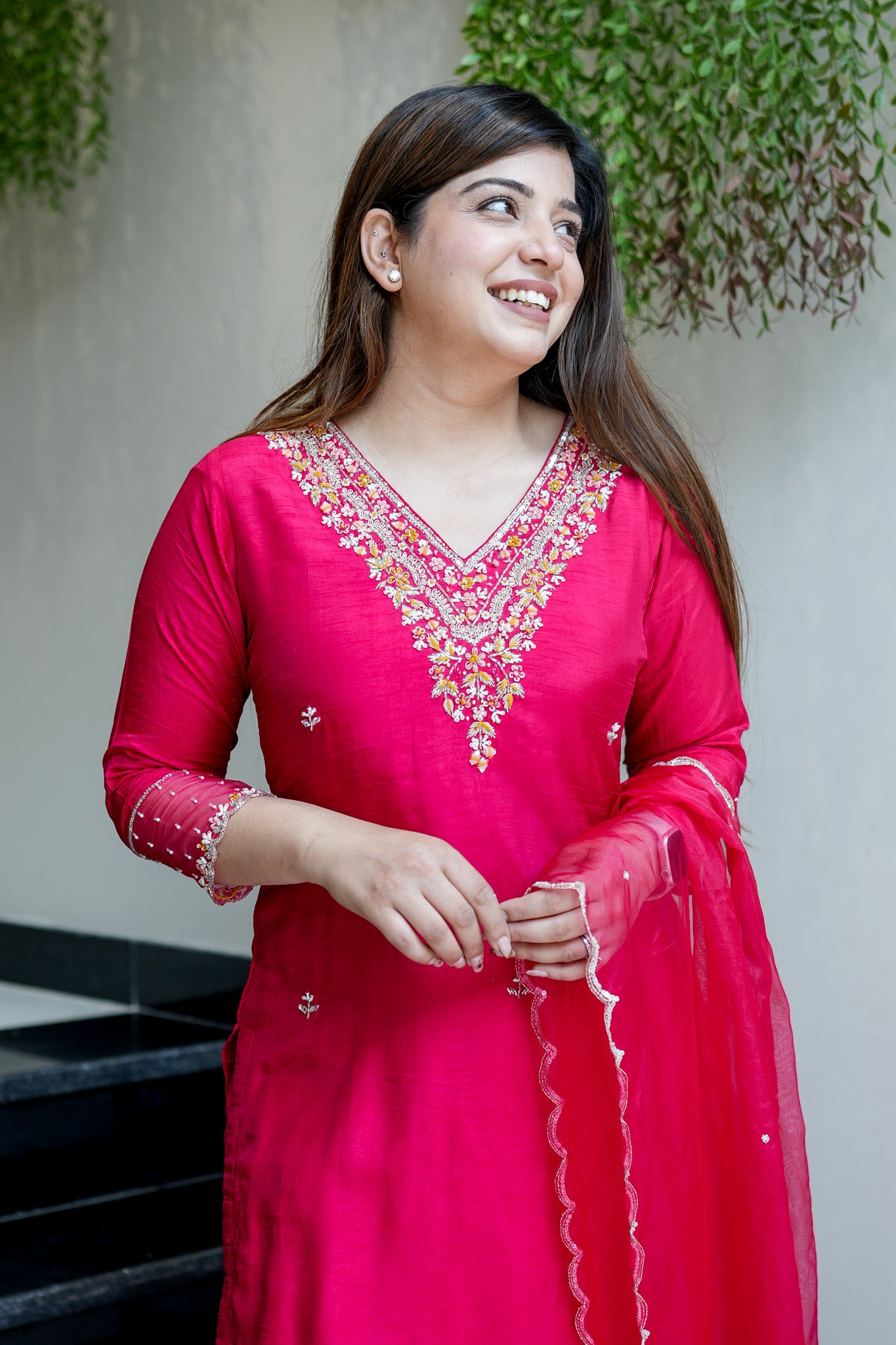 Anvi Hot Pink Embroidered Suit Set