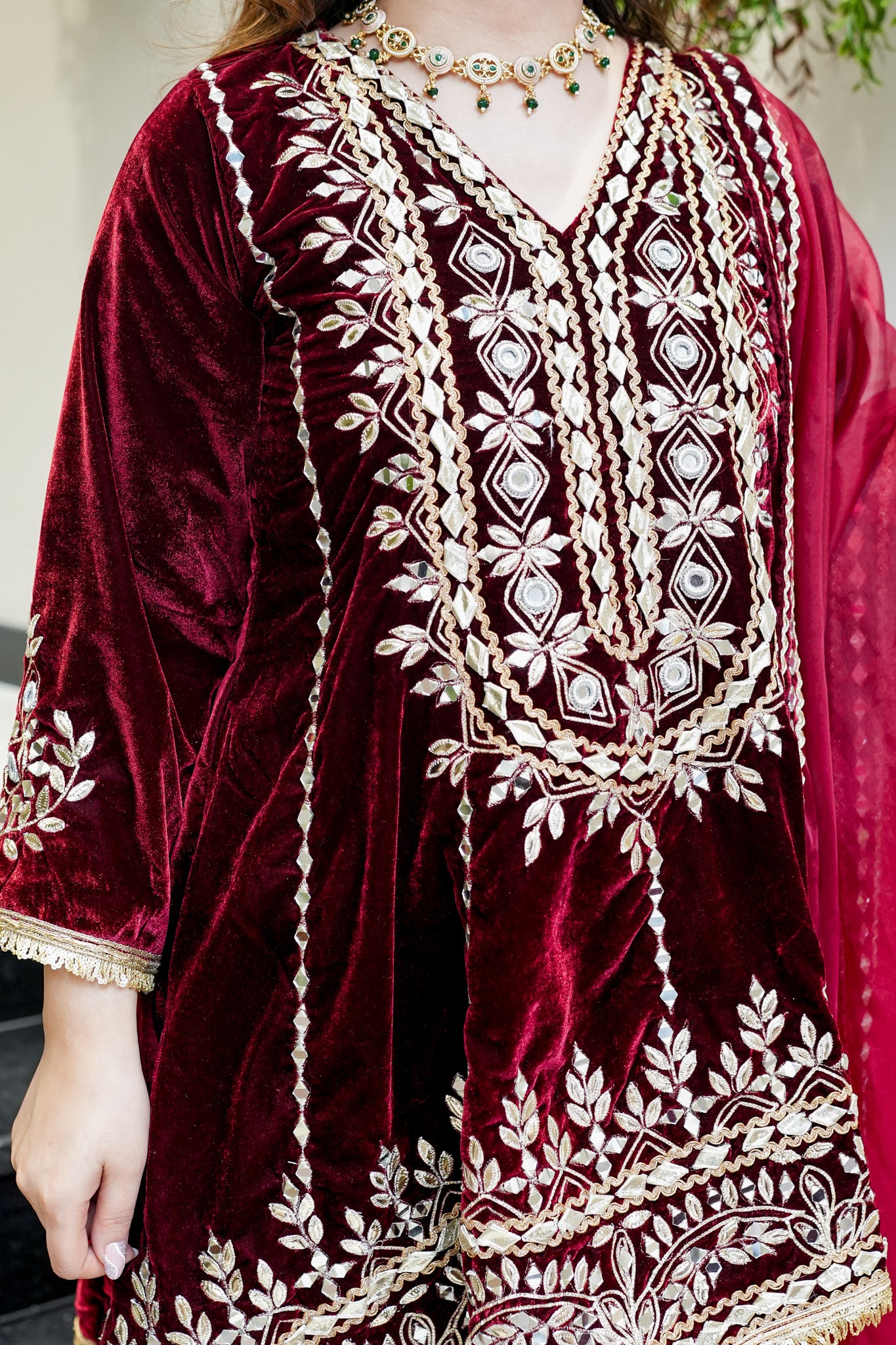 Nehera Maroon Upside Down Embroidered Velvet Suit