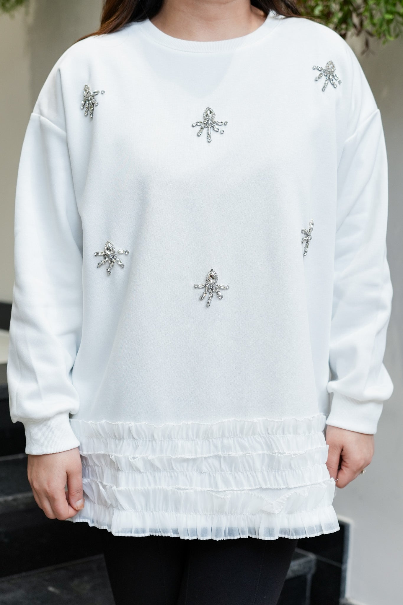 Fiza White Crystal Embellished Sweatshirt