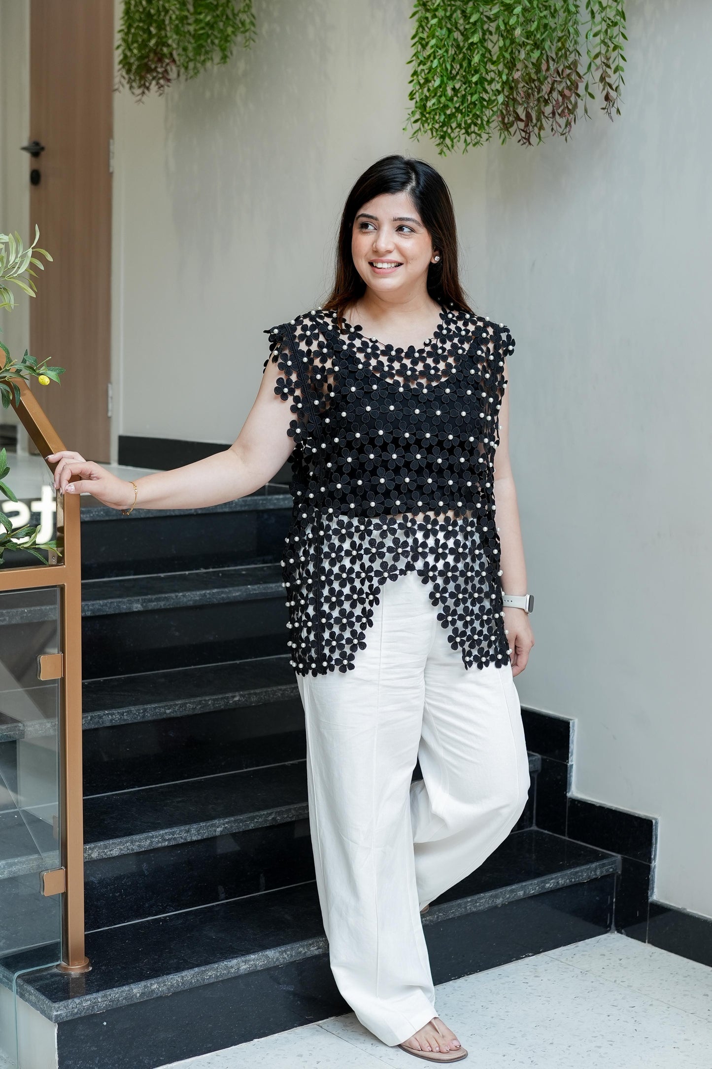 Yas Black Pearl Detailing Cutwork Top