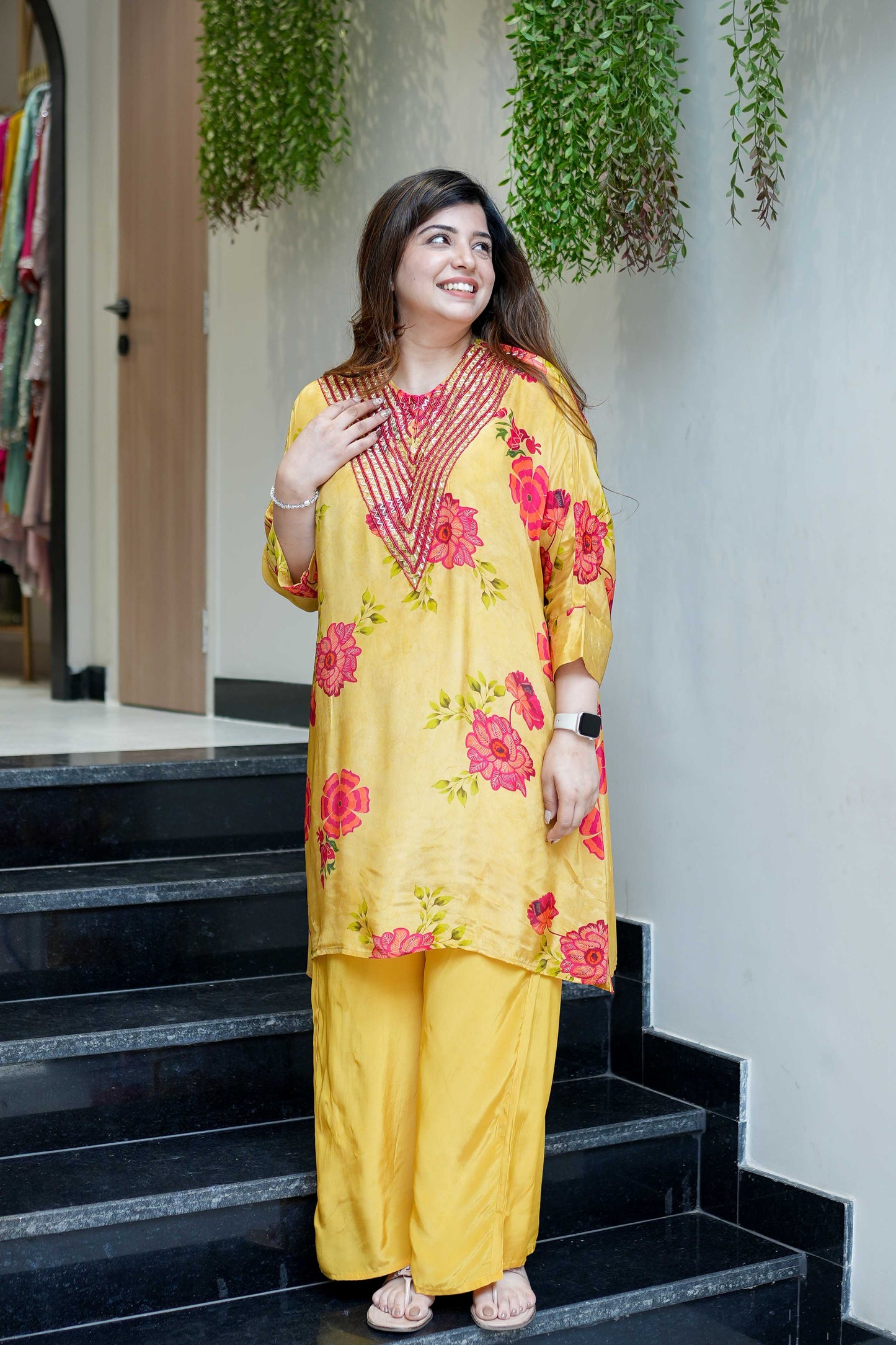 Filth Printed Cordset With Embroidred Neckline