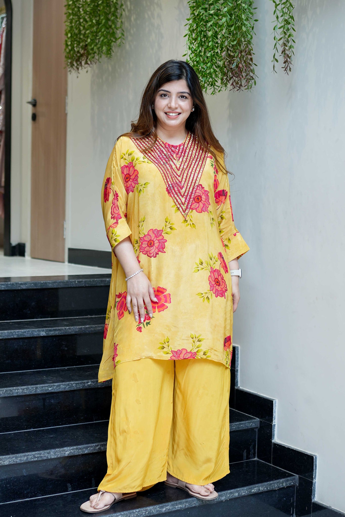 Filth Printed Cordset With Embroidred Neckline
