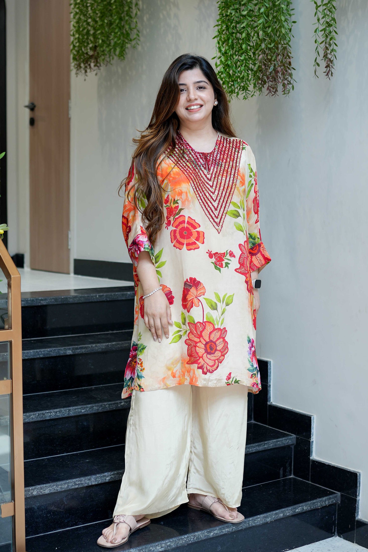 Filth Printed Cordset With Embroidred Neckline