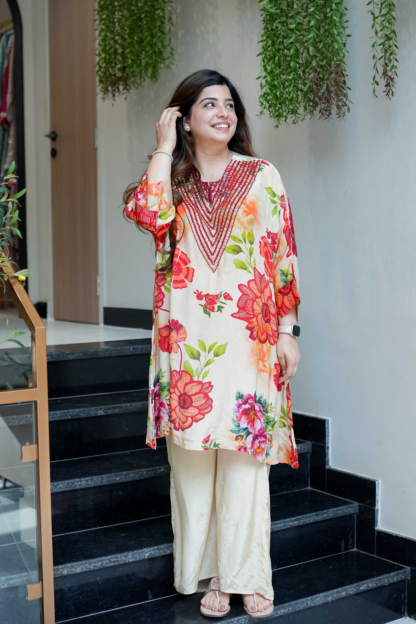Filth Printed Cordset With Embroidred Neckline