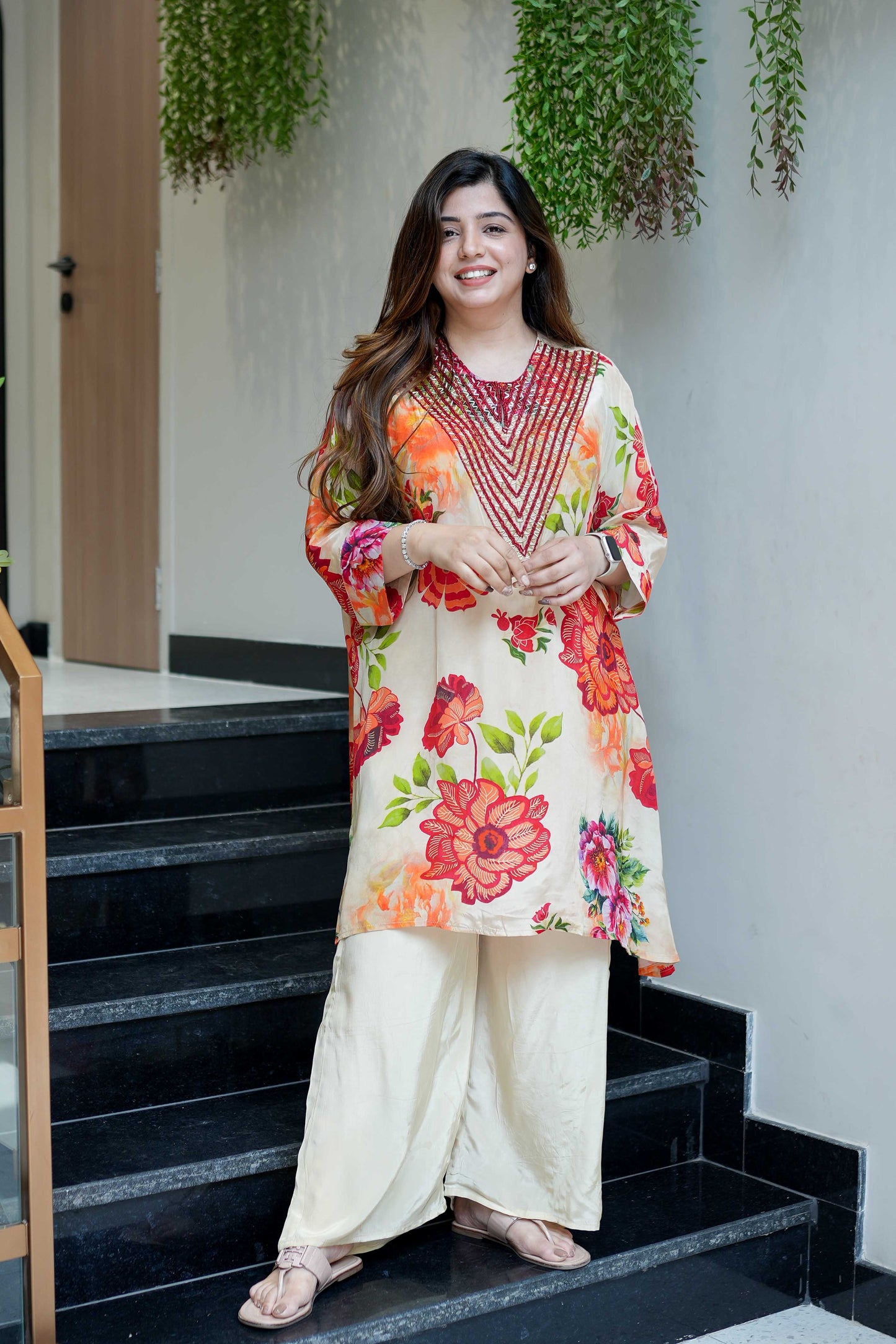 Filth Printed Cordset With Embroidred Neckline