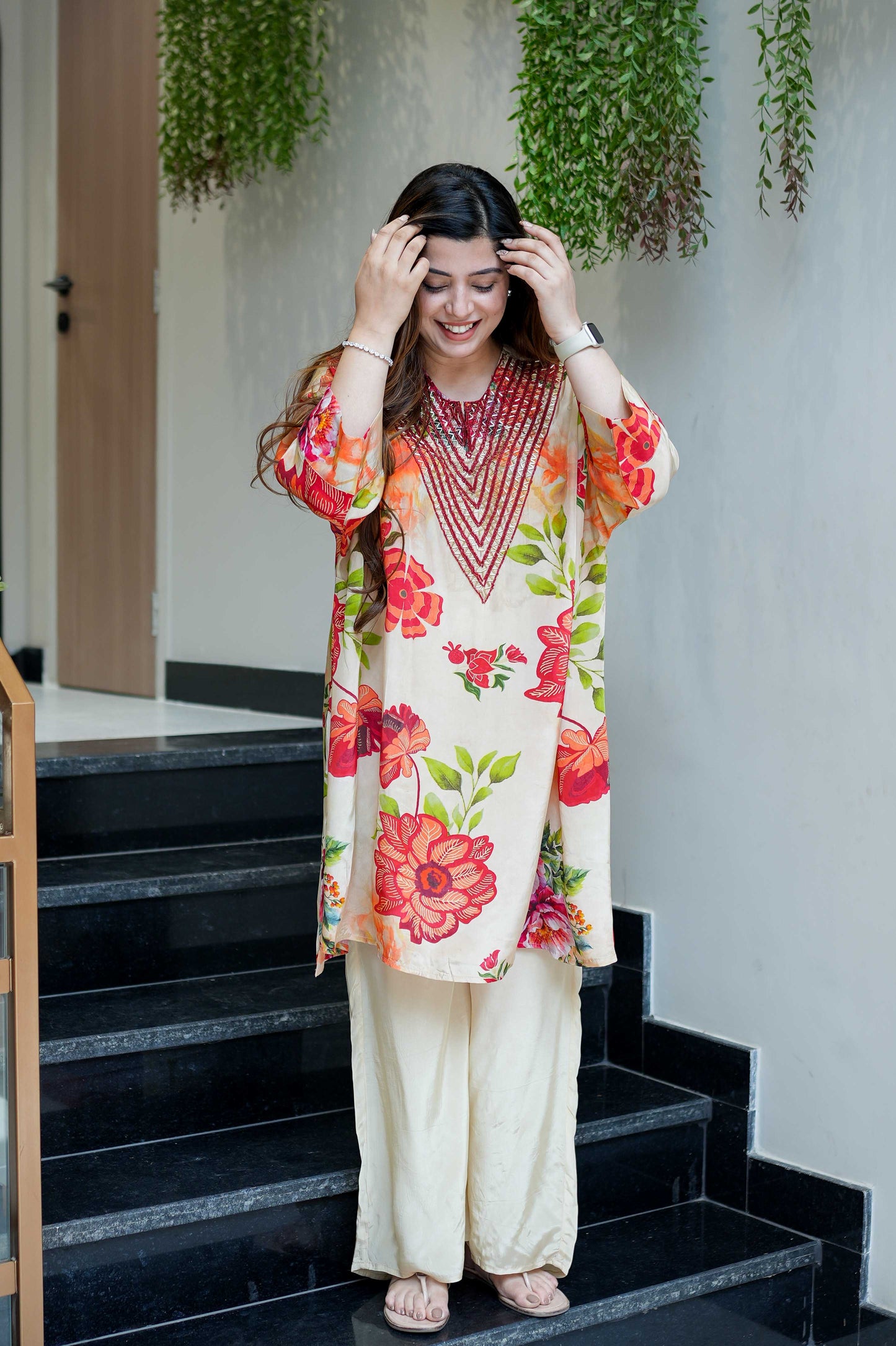 Filth Printed Cordset With Embroidred Neckline