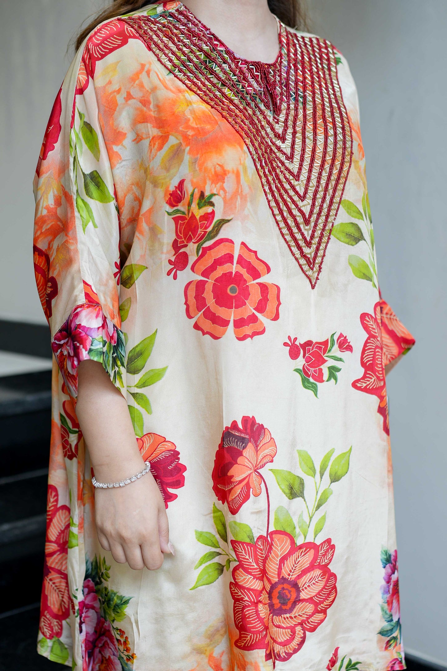 Filth Printed Cordset With Embroidred Neckline