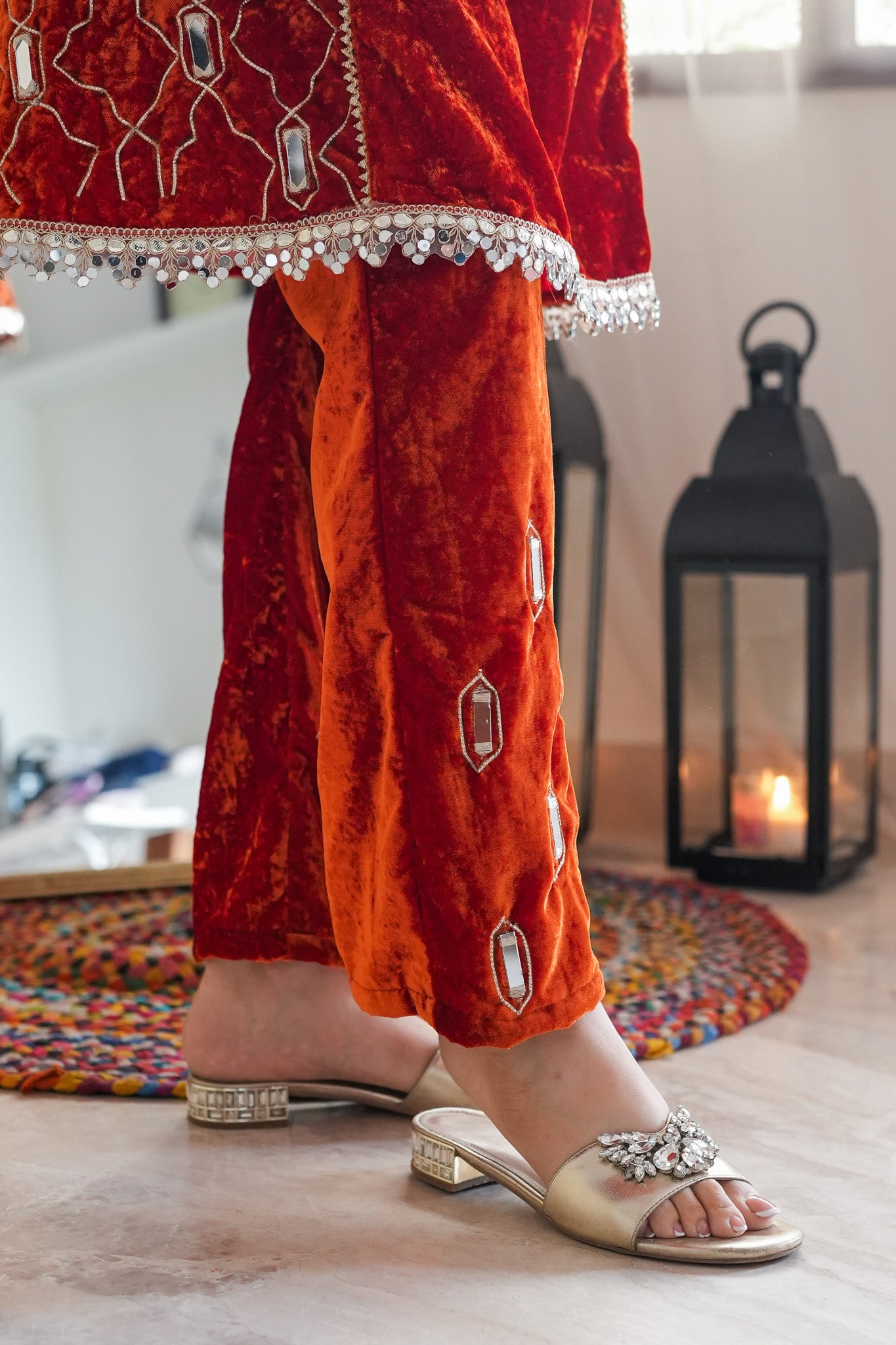 Keerab Orange Velvet Mirror Work Cord Set