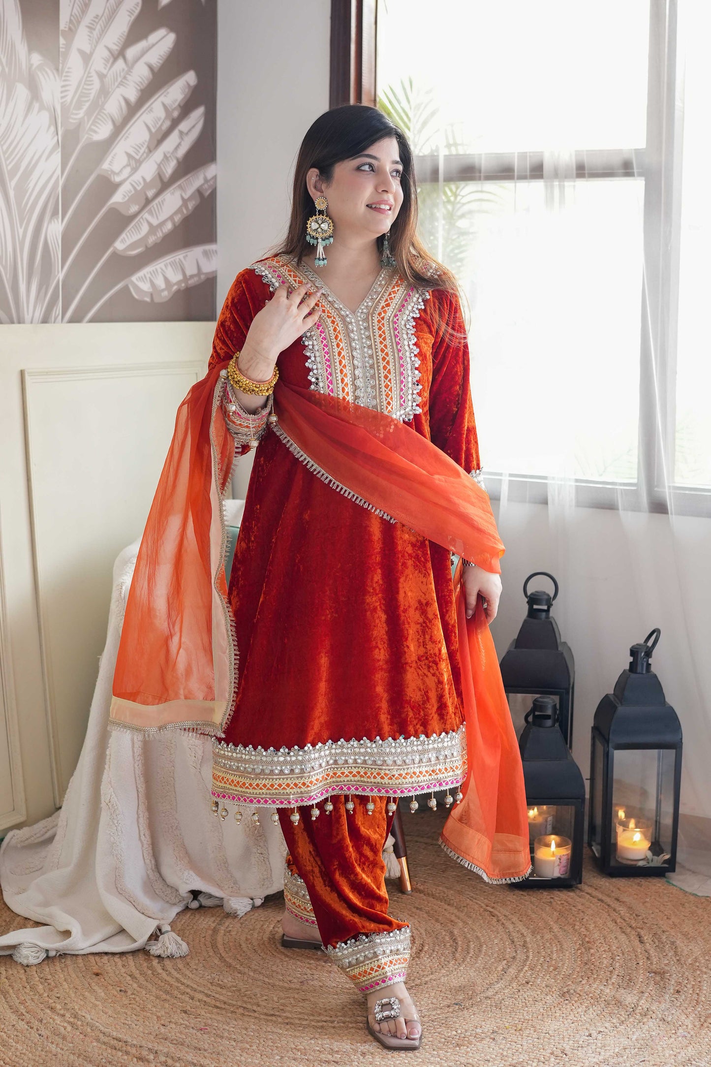 Vibha Orange Velvet Suit Set