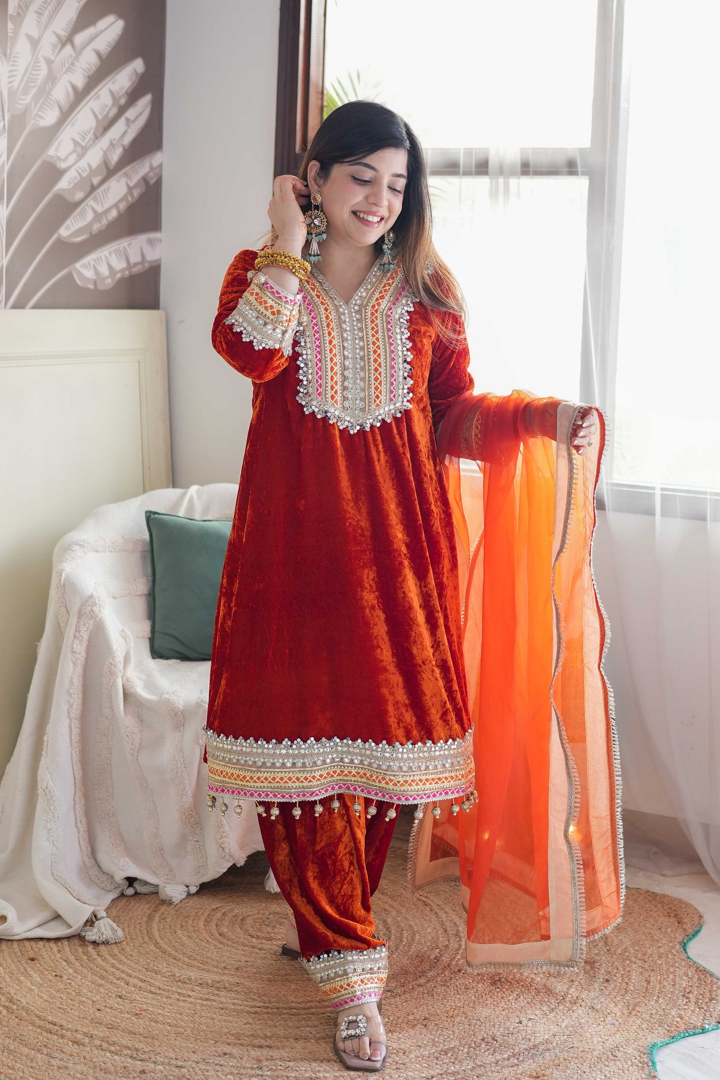 Vibha Orange Velvet Suit Set