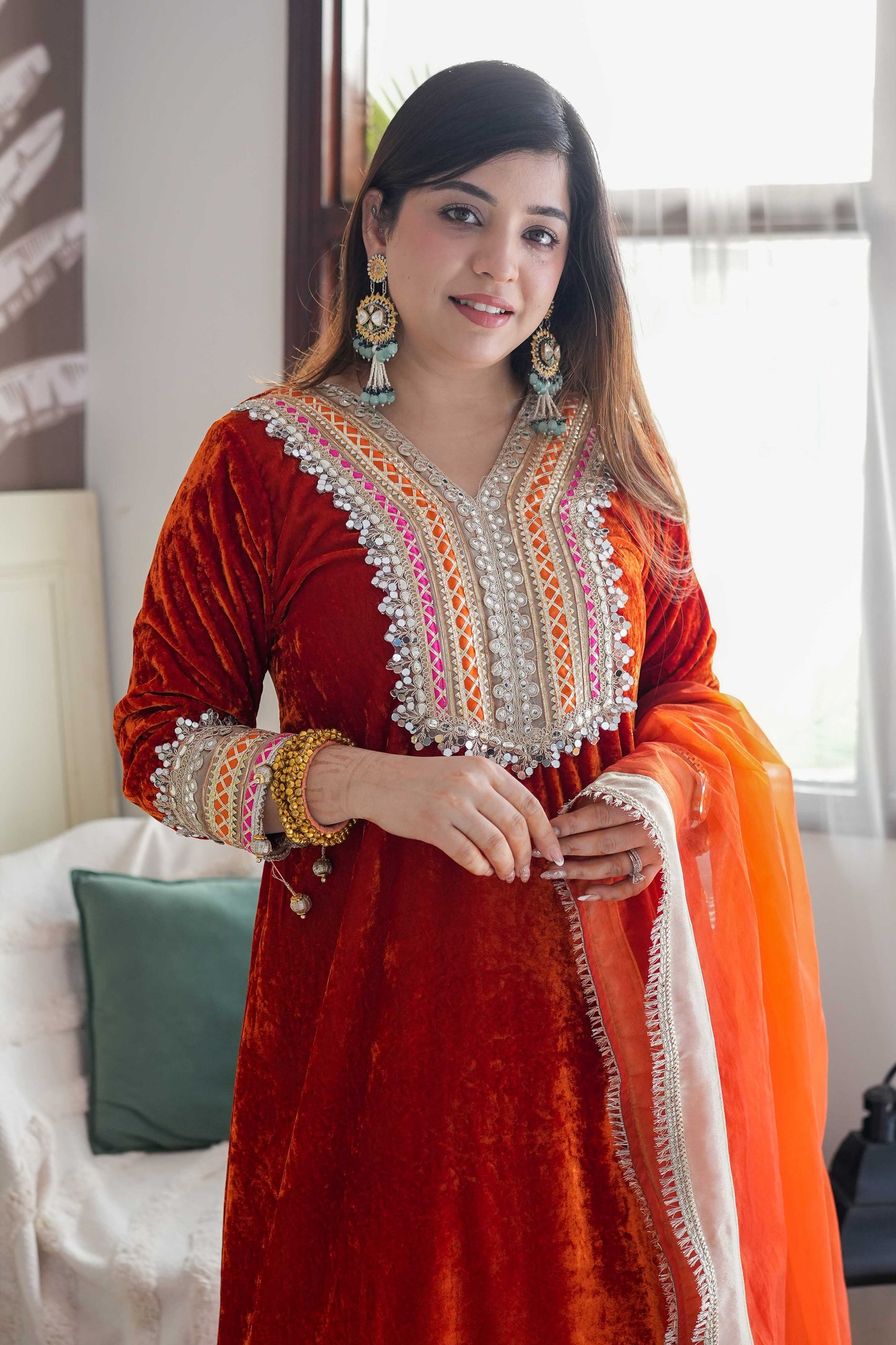 Vibha Orange Velvet Suit Set