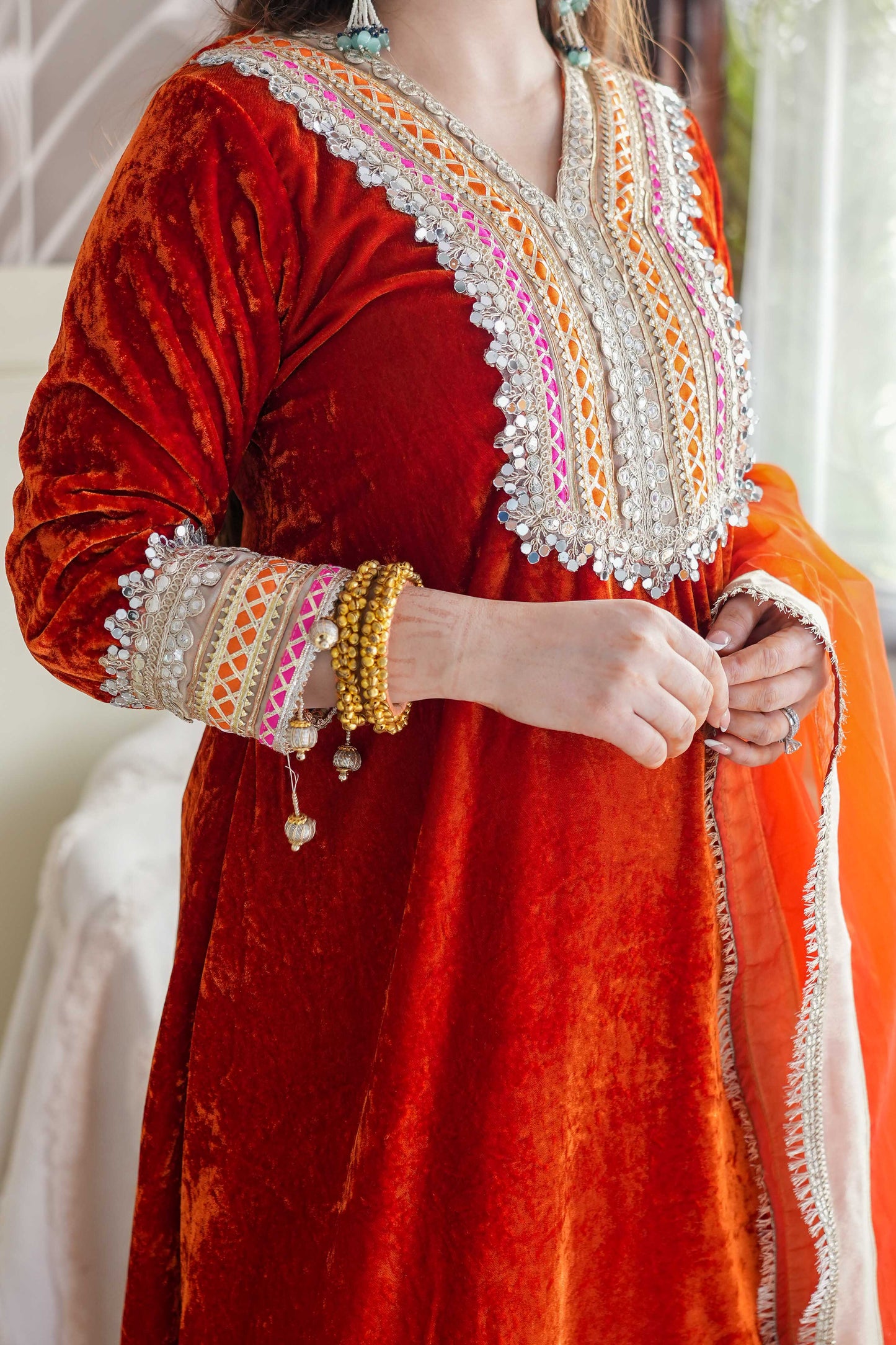 Vibha Orange Velvet Suit Set