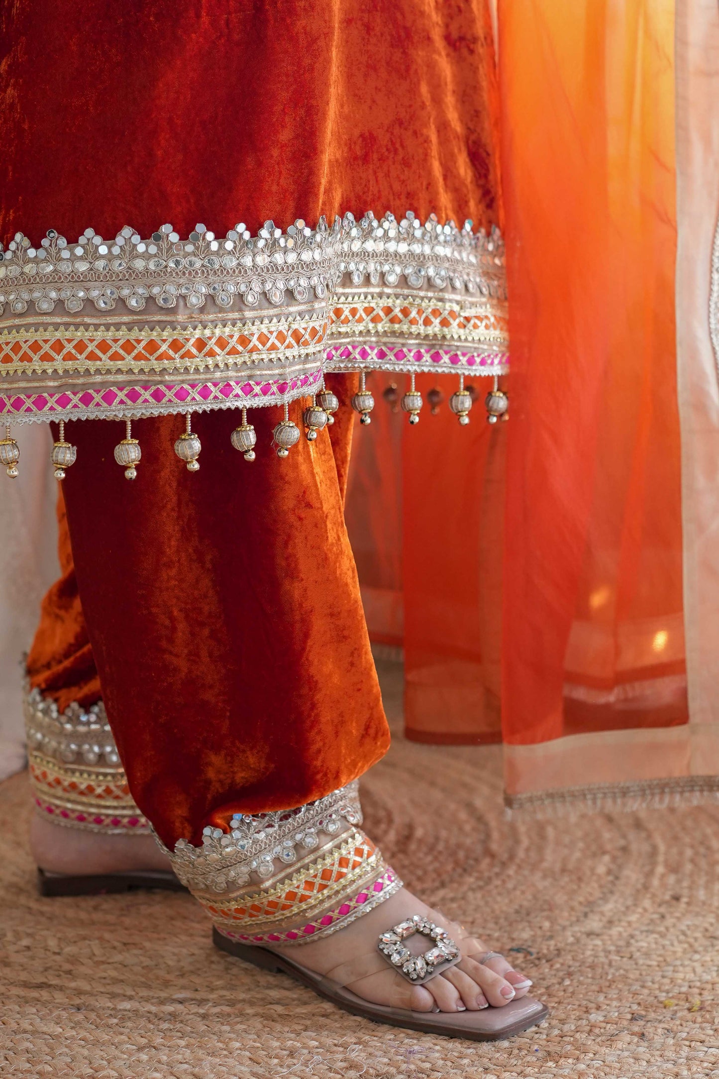 Vibha Orange Velvet Suit Set