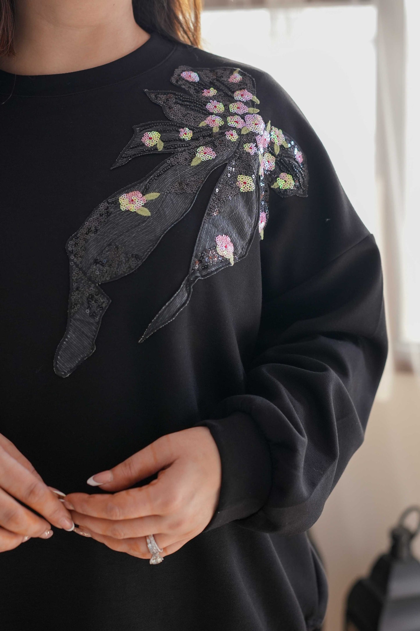 Flora Black Embellished Sweatshirt