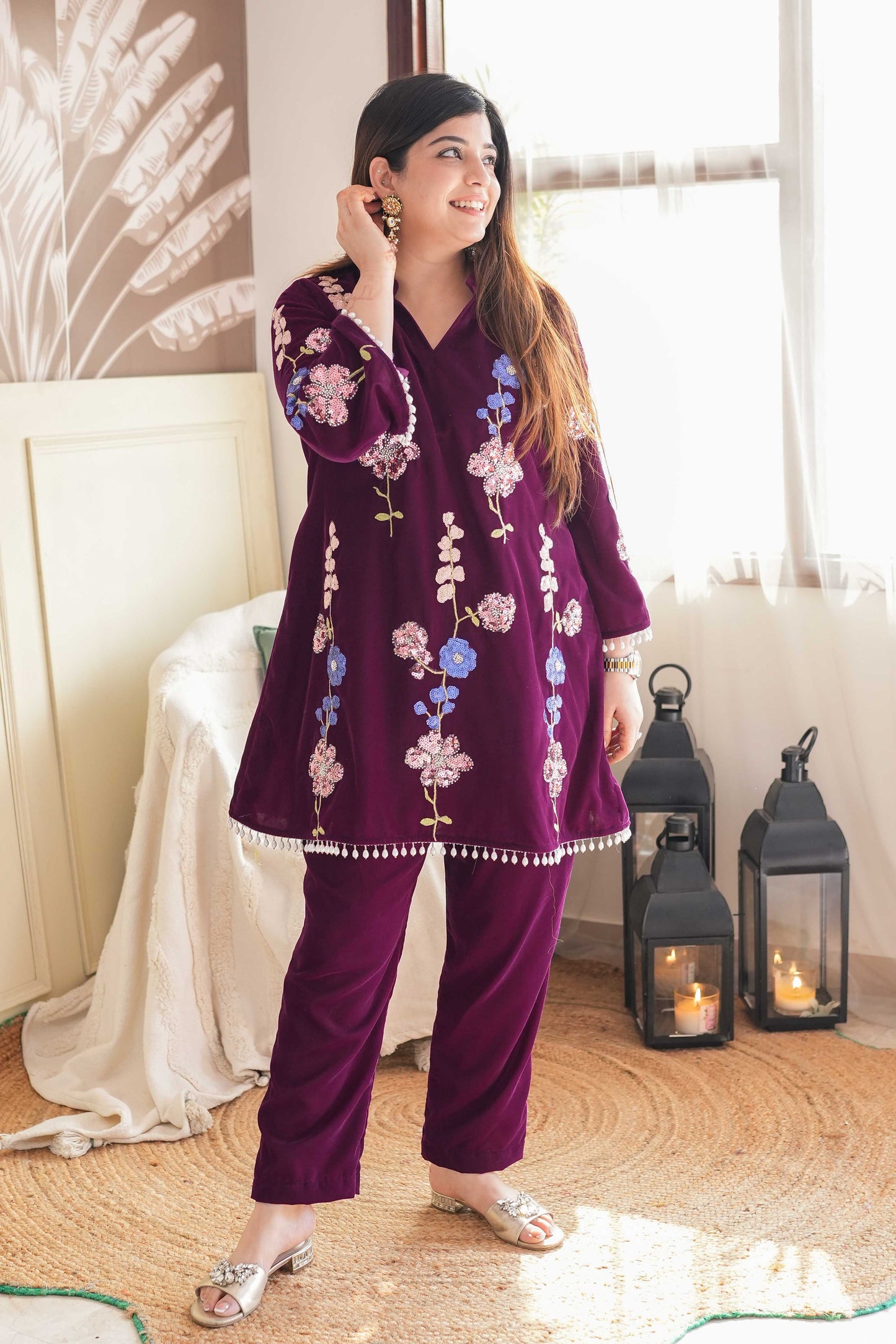 Surma Wine Embroidered Velvet Cord Set