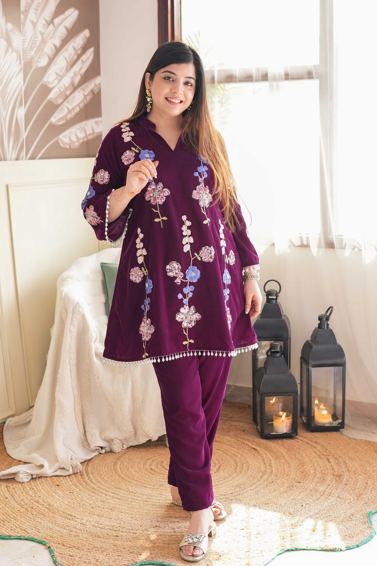 Surma Wine Embroidered Velvet Cord Set