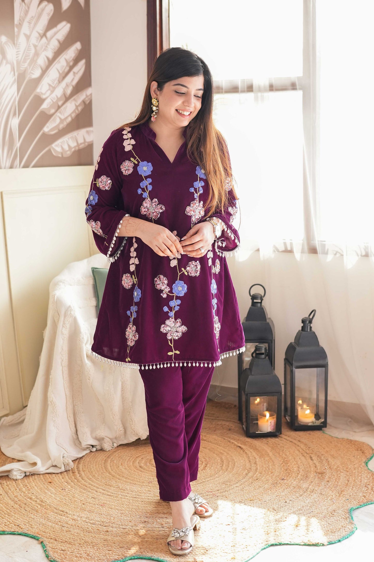 Surma Wine Embroidered Velvet Cord Set