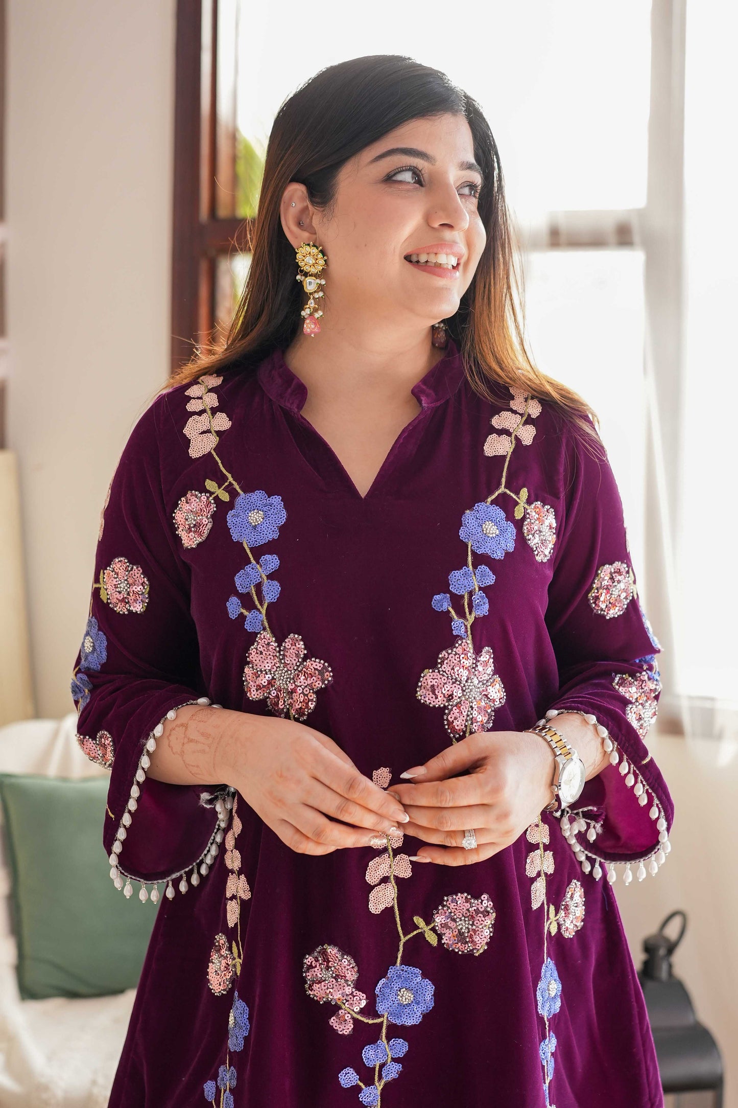 Surma Wine Embroidered Velvet Cord Set
