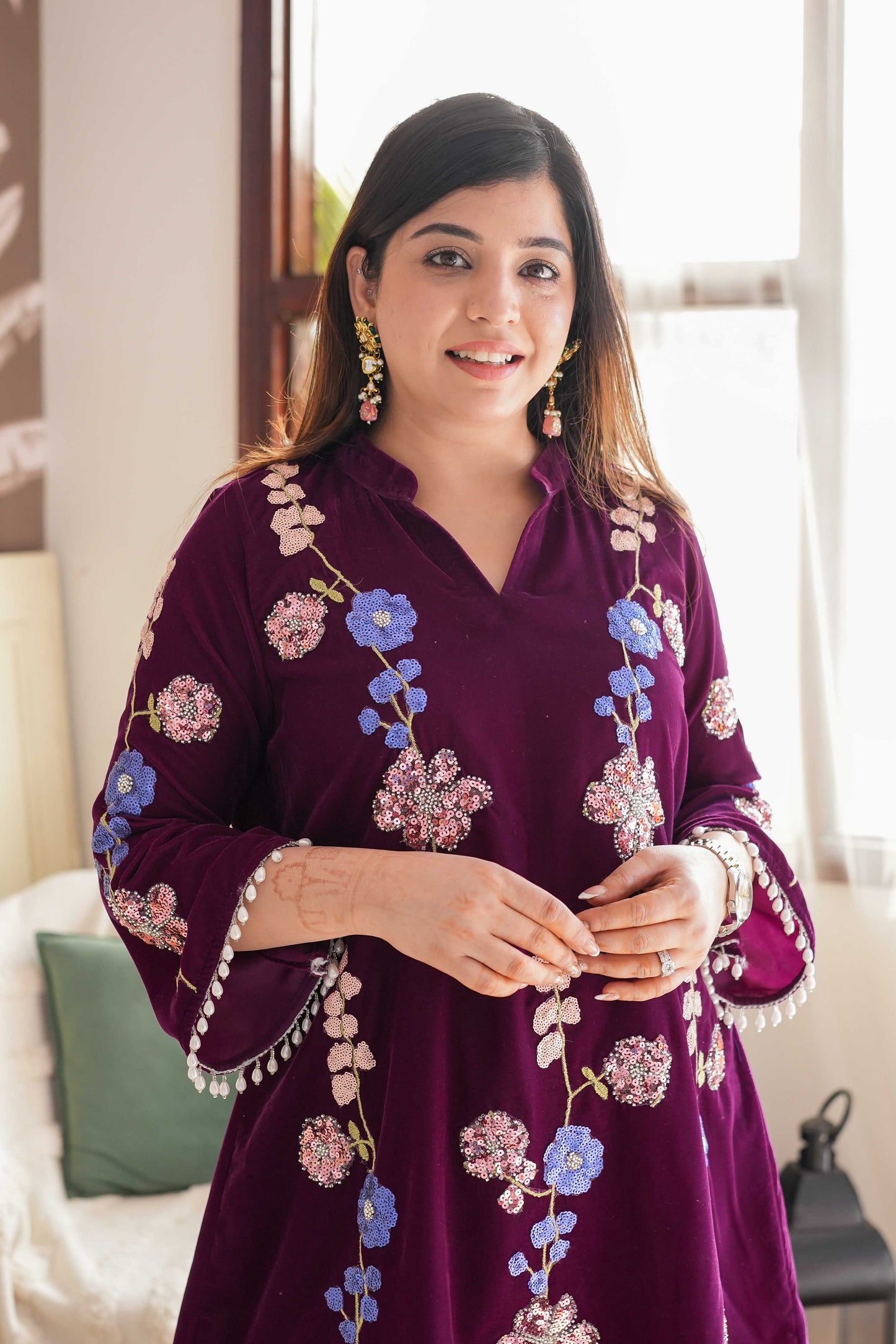 Surma Wine Embroidered Velvet Cord Set