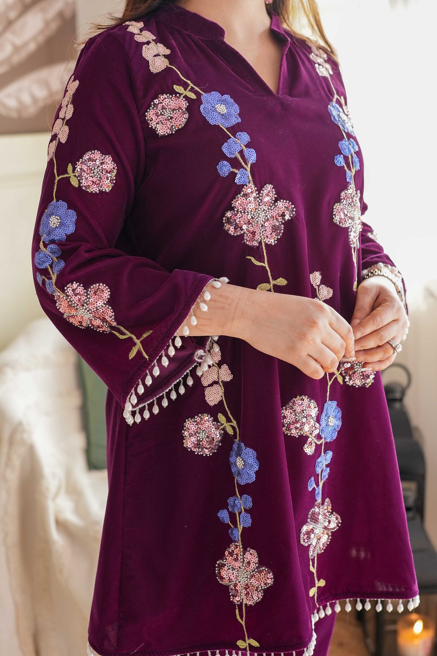Surma Wine Embroidered Velvet Cord Set