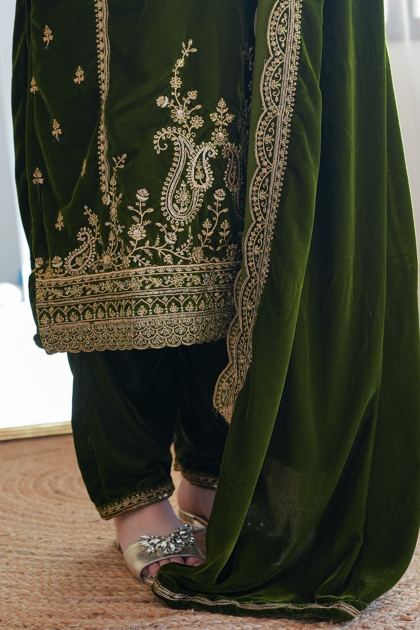 Sahibaa Olive Embroidred Velvet Suit