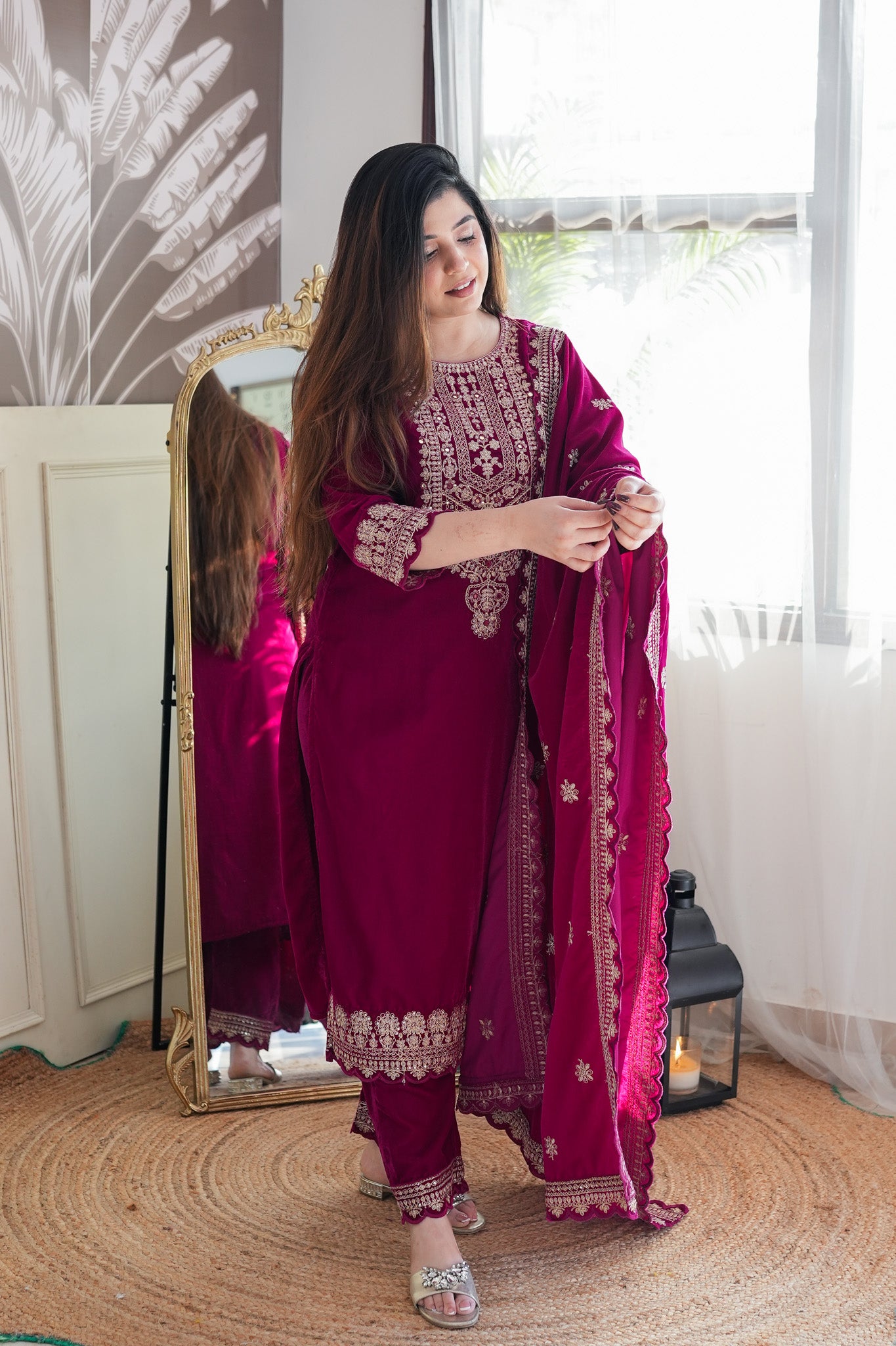 Neeti Wine Embroidered Velvet Suit Set