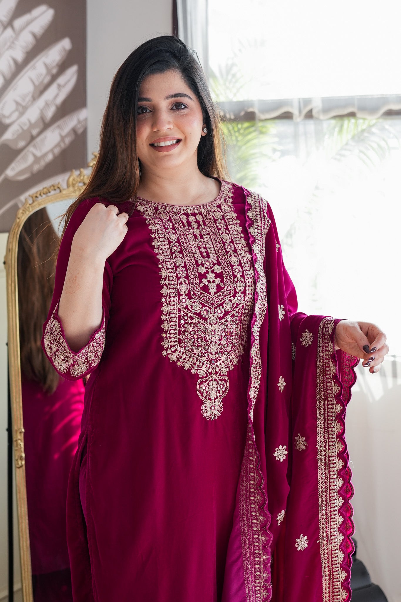 Neeti Wine Embroidered Velvet Suit Set
