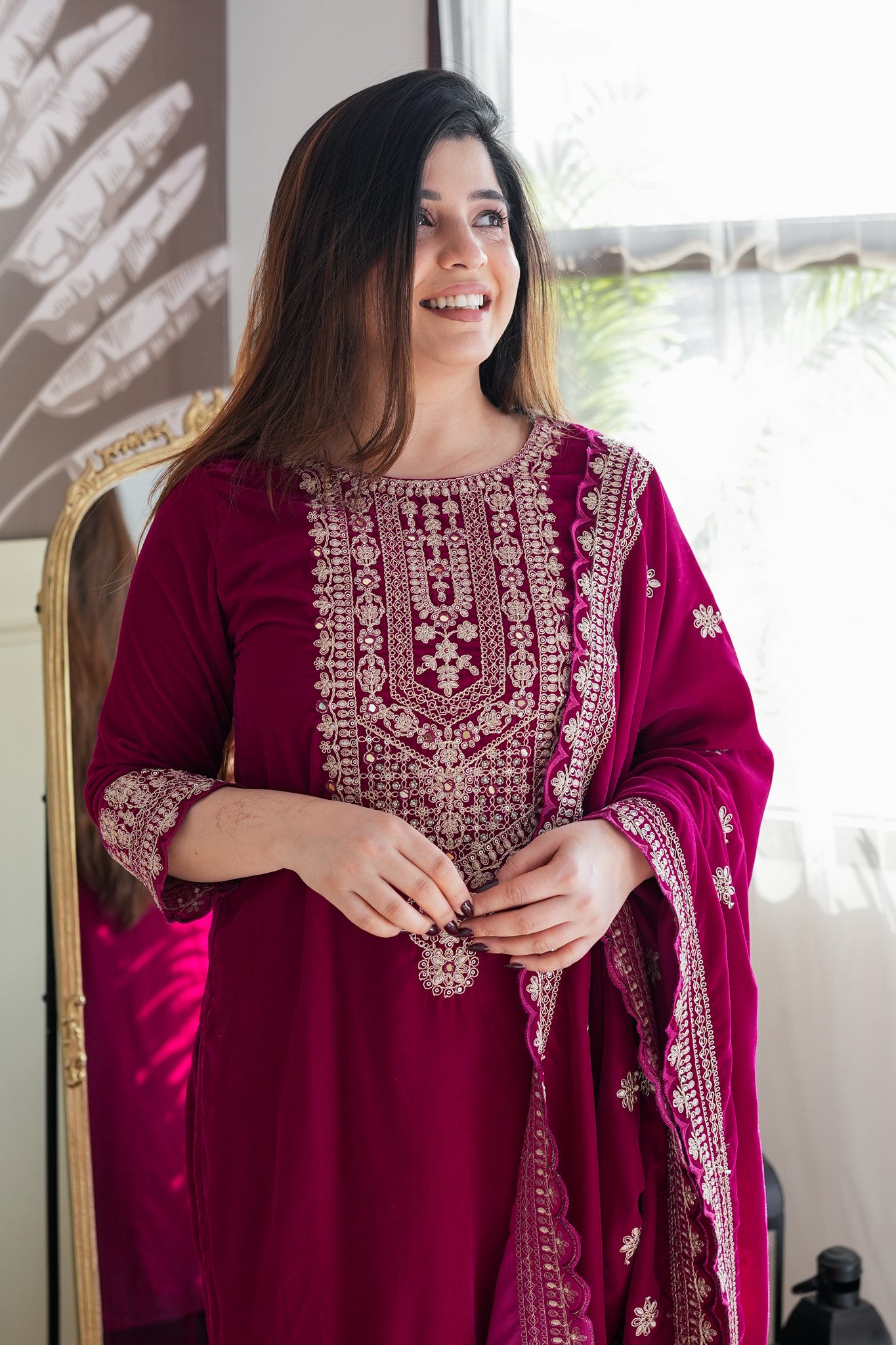 Neeti Wine Embroidered Velvet Suit Set