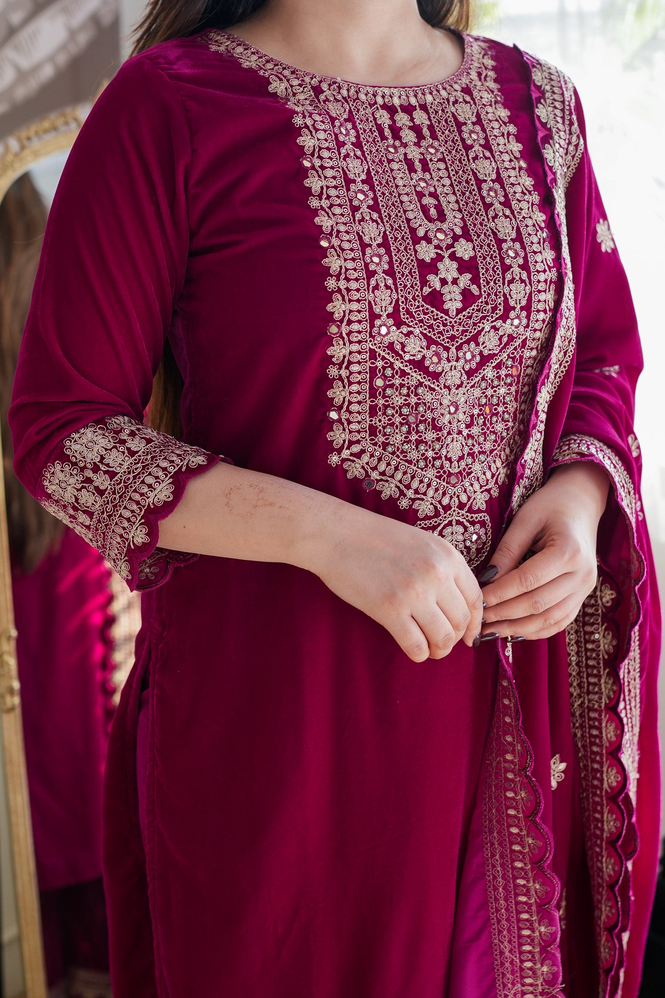 Neeti Wine Embroidered Velvet Suit Set