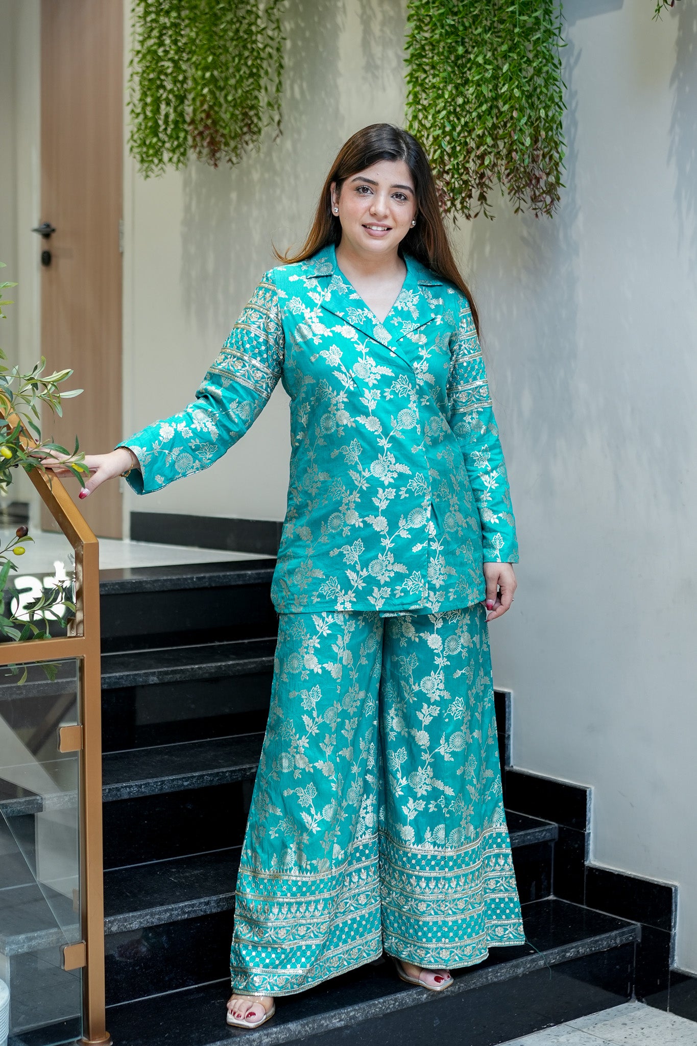 Hamsha Turquoise Green Brocade Co-ord Set
