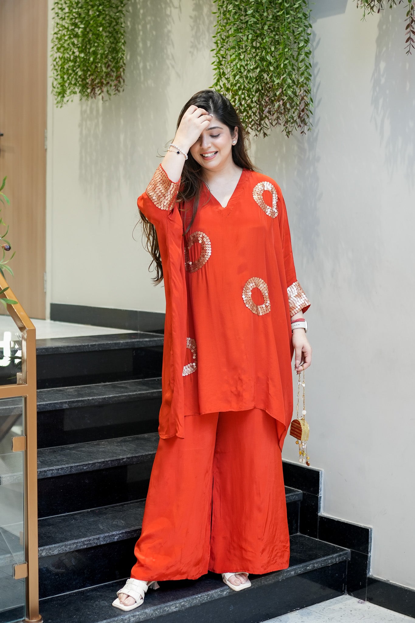 Shafa Rust Sequins Detailing Co ord Set