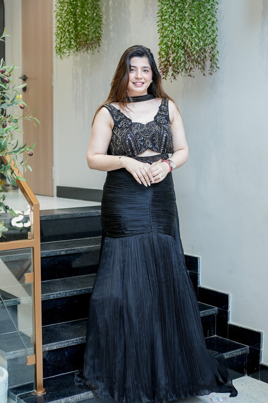 Ananya Black Embroidered Fish Cut Lehenga