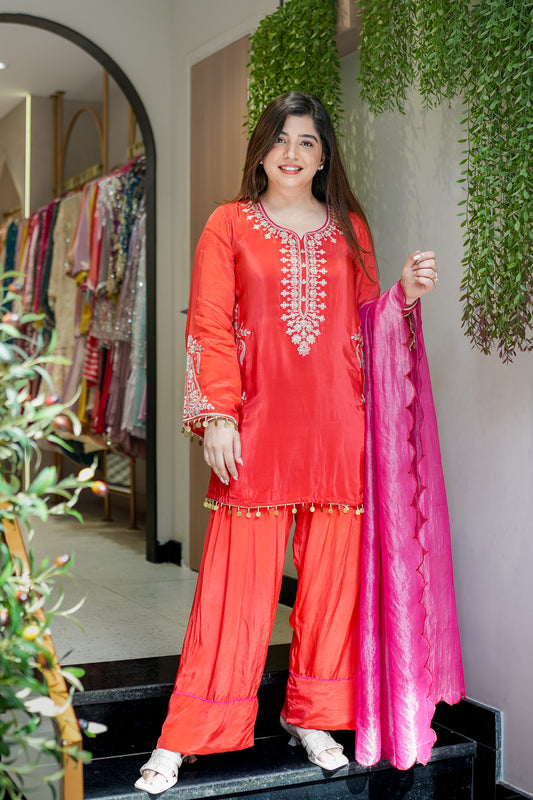 Frizaha Rust Embroidred Suit Set