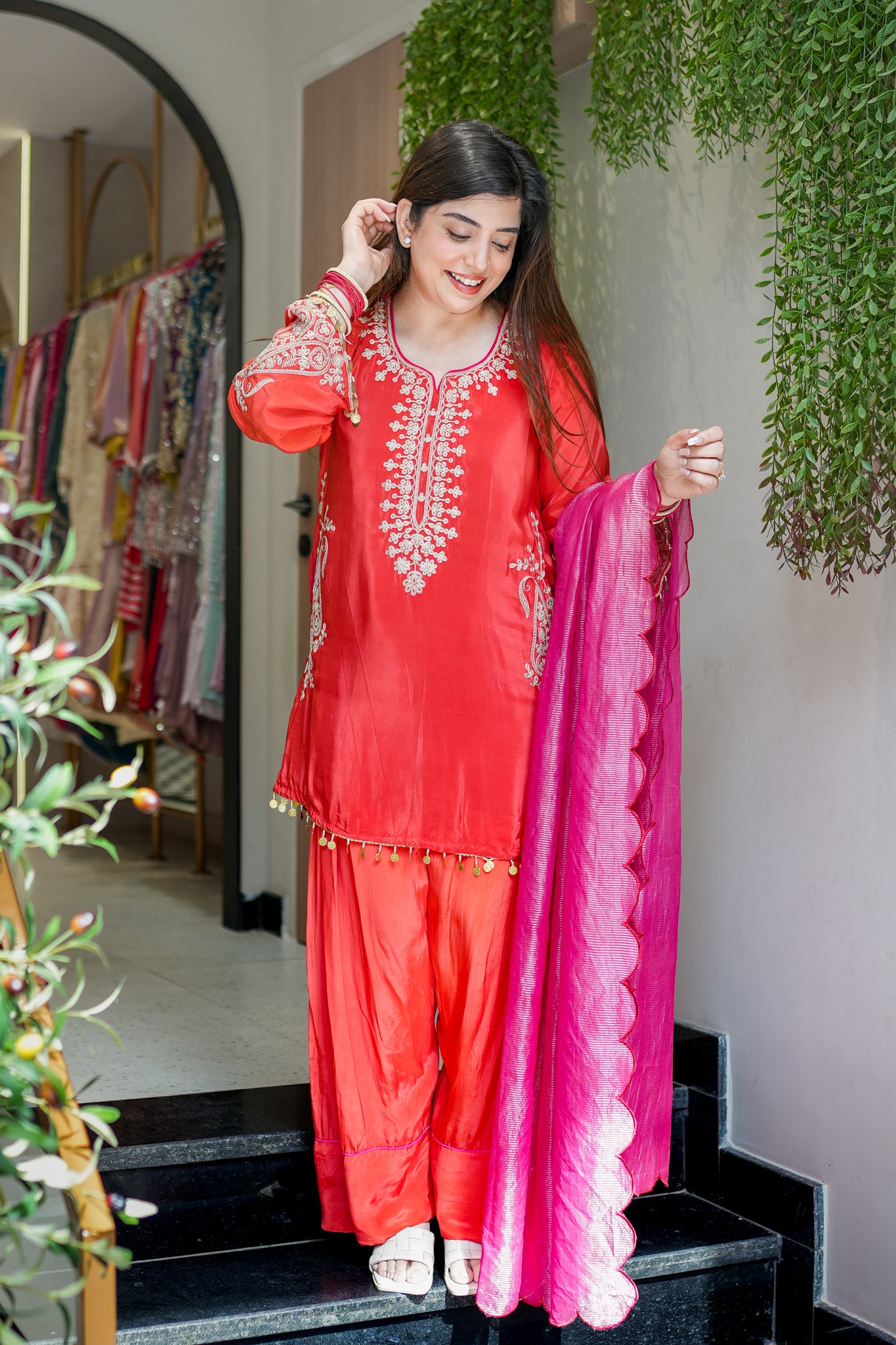 Frizaha Rust Embroidred Suit Set