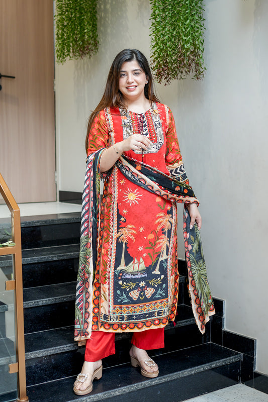 Aarvi Orange Printed Suit Set