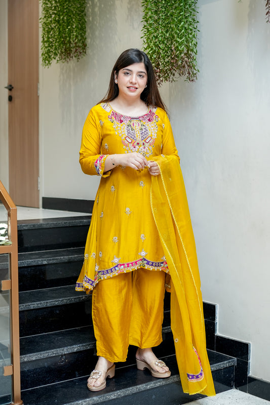 Tivra Yellow Hand Embroidered Suit Set