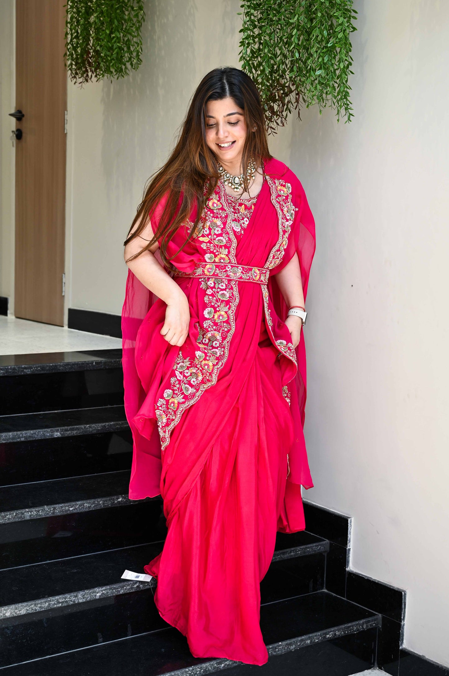 Keerna Pink Anarkali With Attached Dupatta And Cape