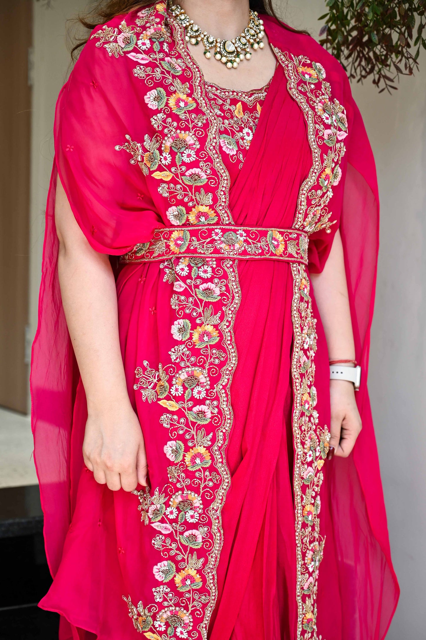 Keerna Pink Anarkali With Attached Dupatta And Cape