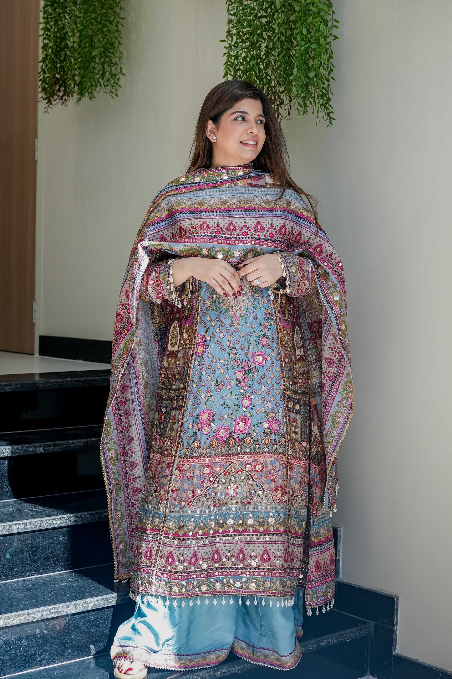 Blue Digital Print Sline Suit Set