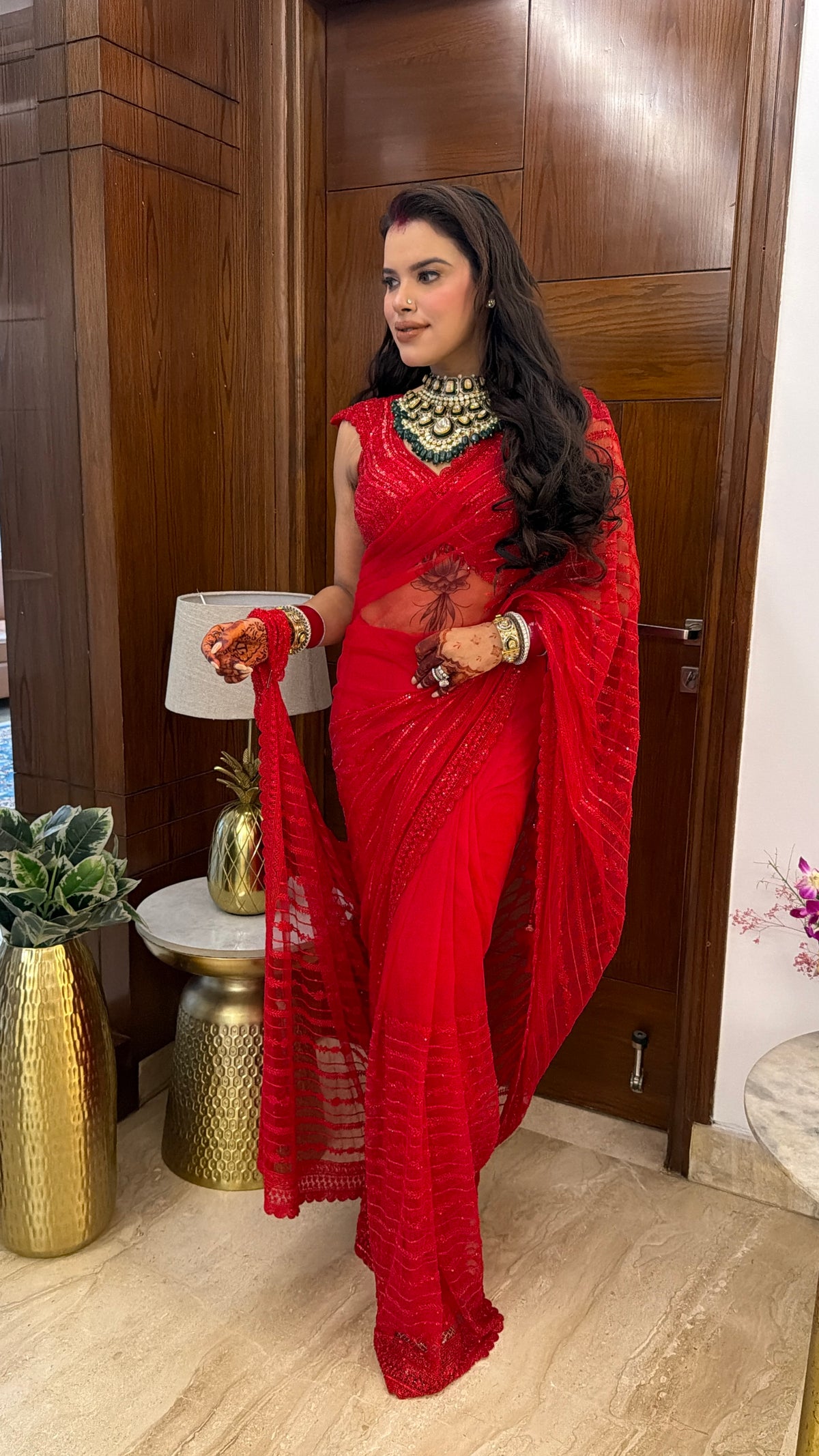 Karwa Red Embroidered Saree
