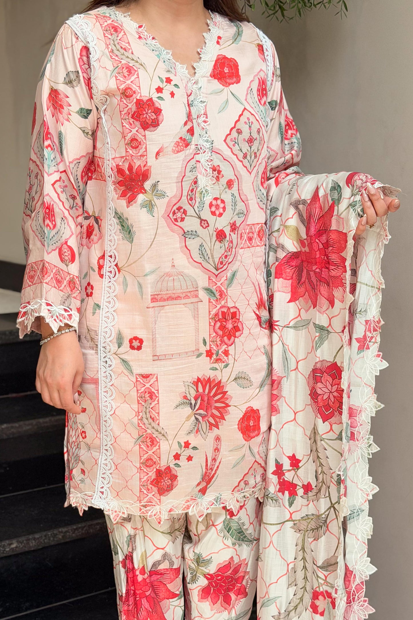 Kinza Floral Schiffli Detailing Suit Set