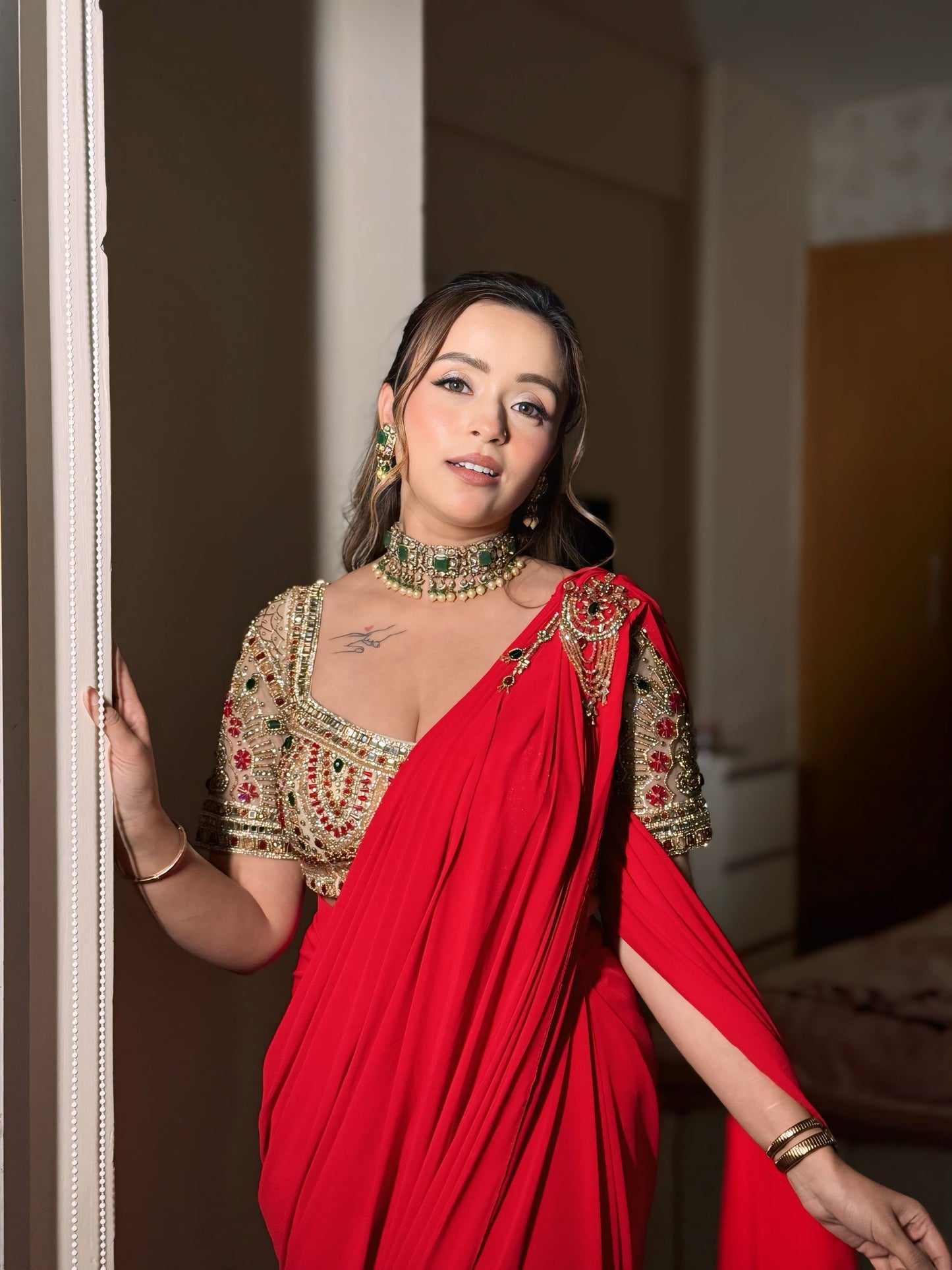 Raha Red Embroidered Drape Saree