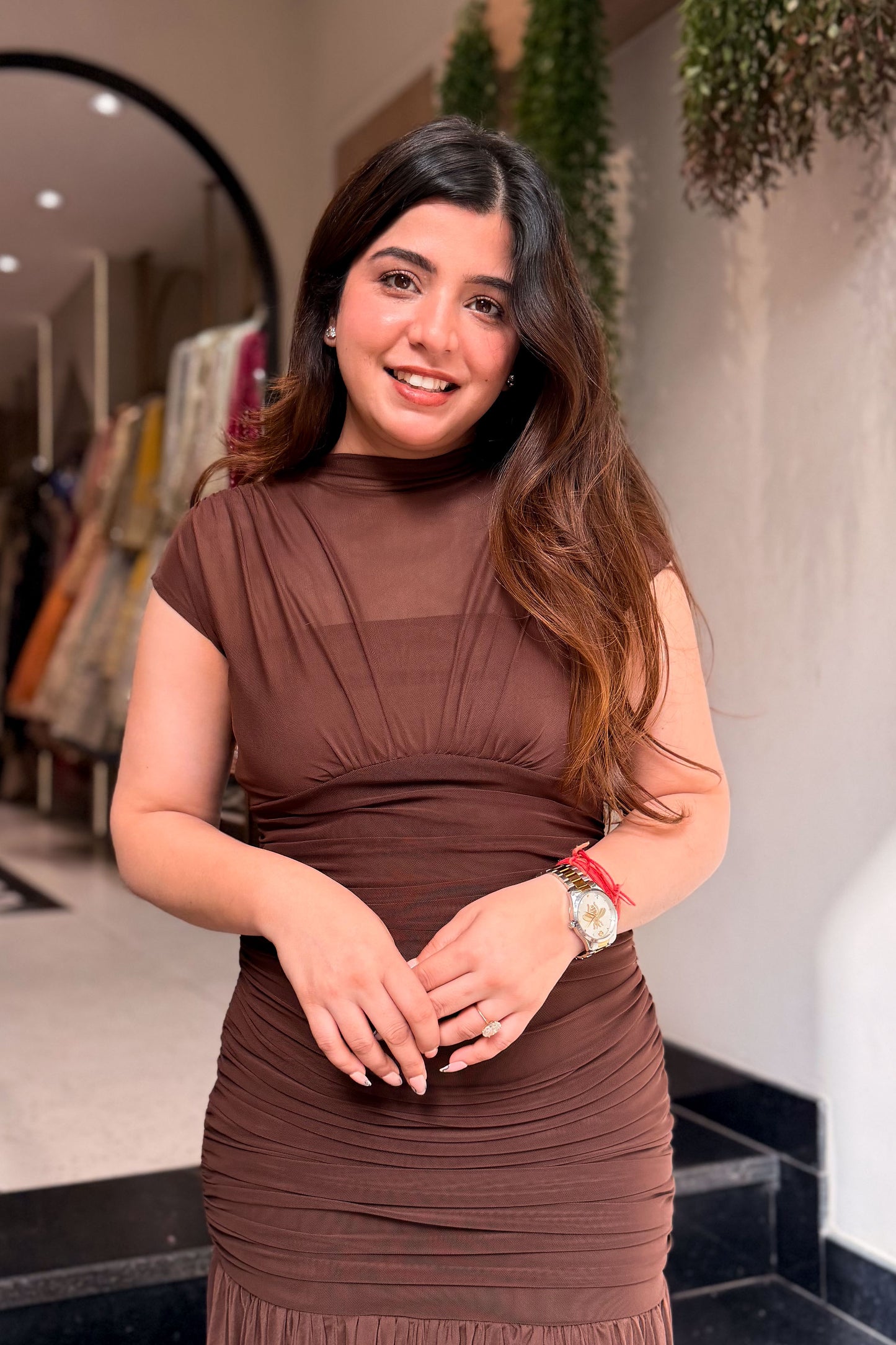 Mabel Sheer Neck Ruched Dress