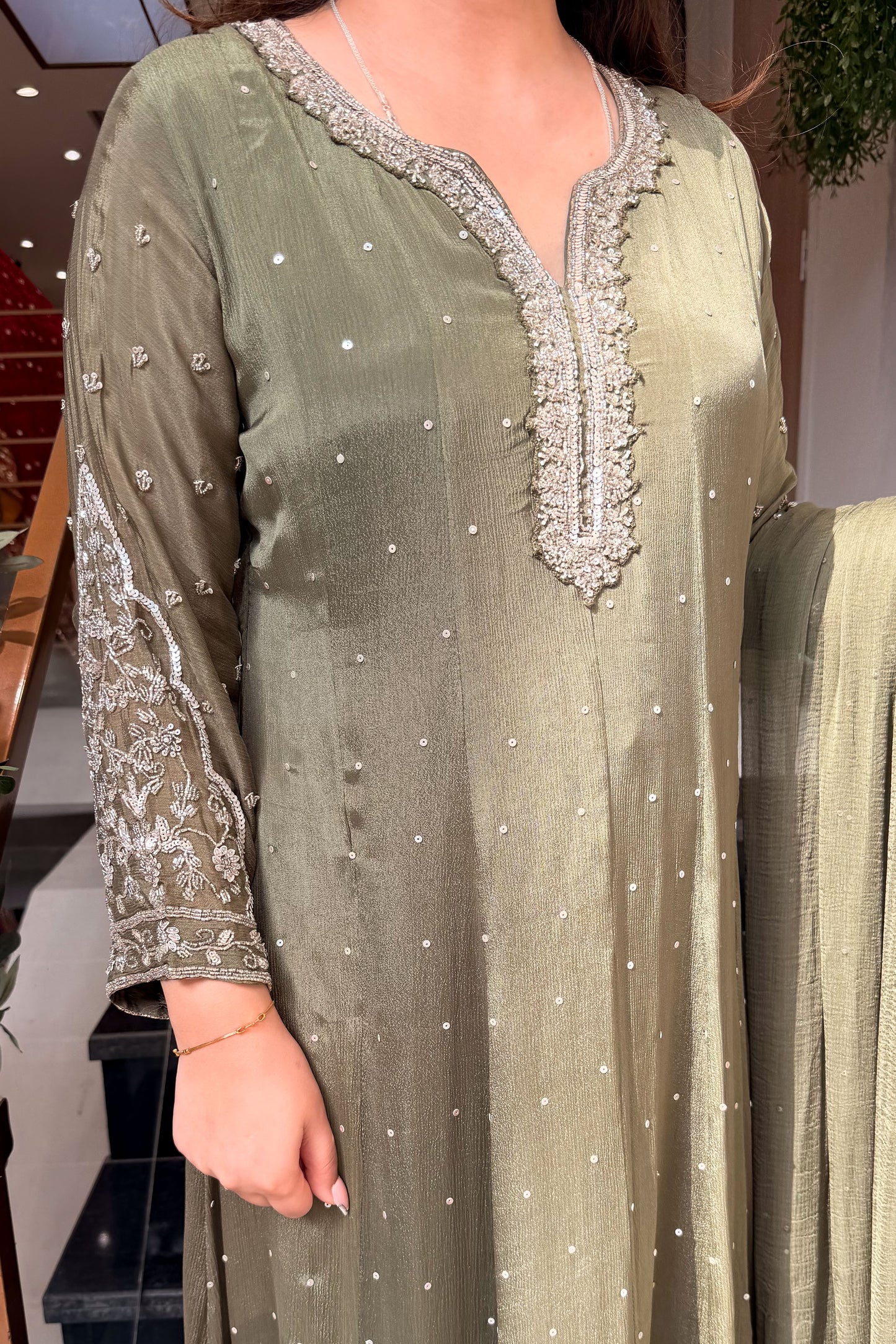 Frizana Olive Embroidered Anarkali Suit