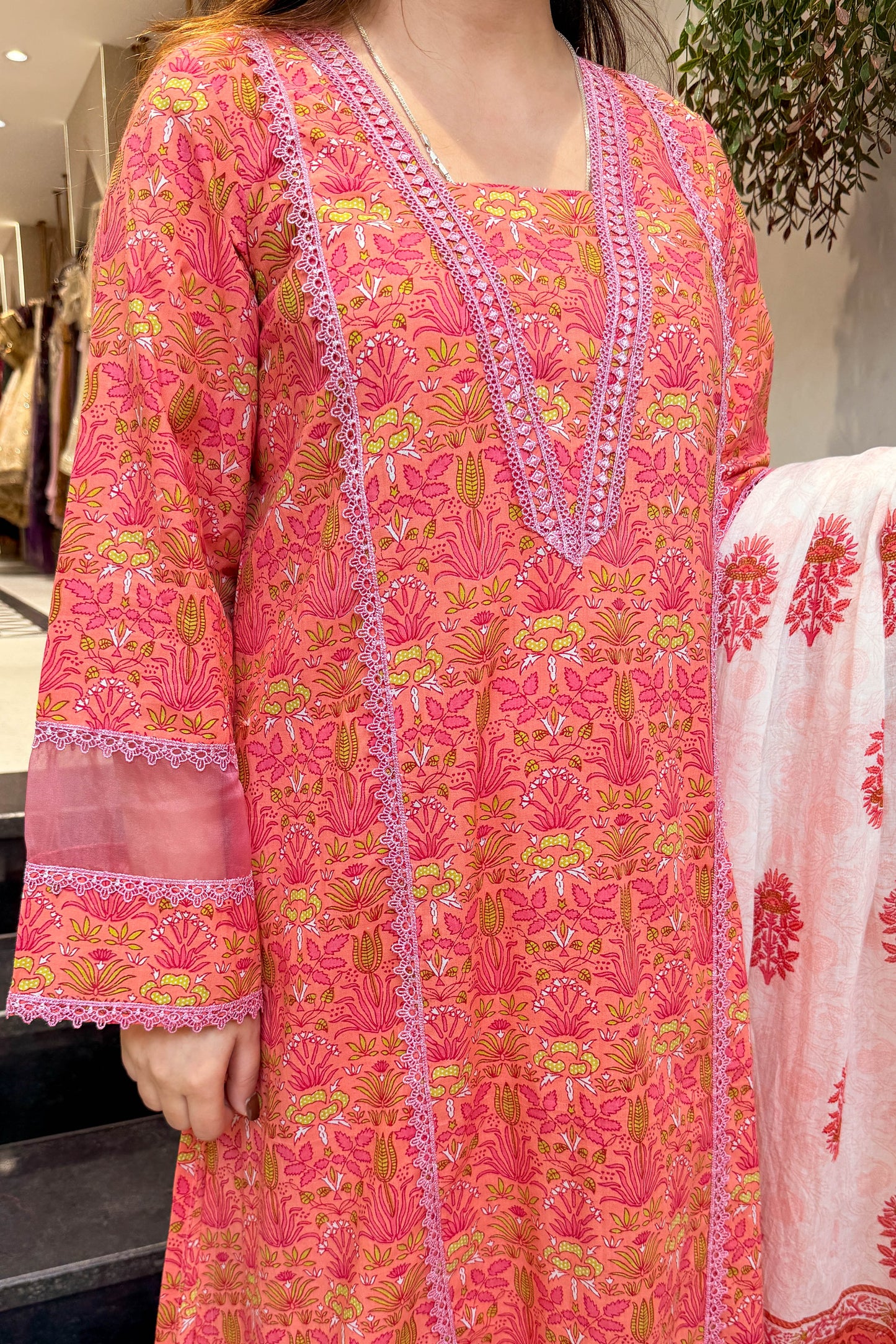 Rani Lace Work Anarkali Suit Set