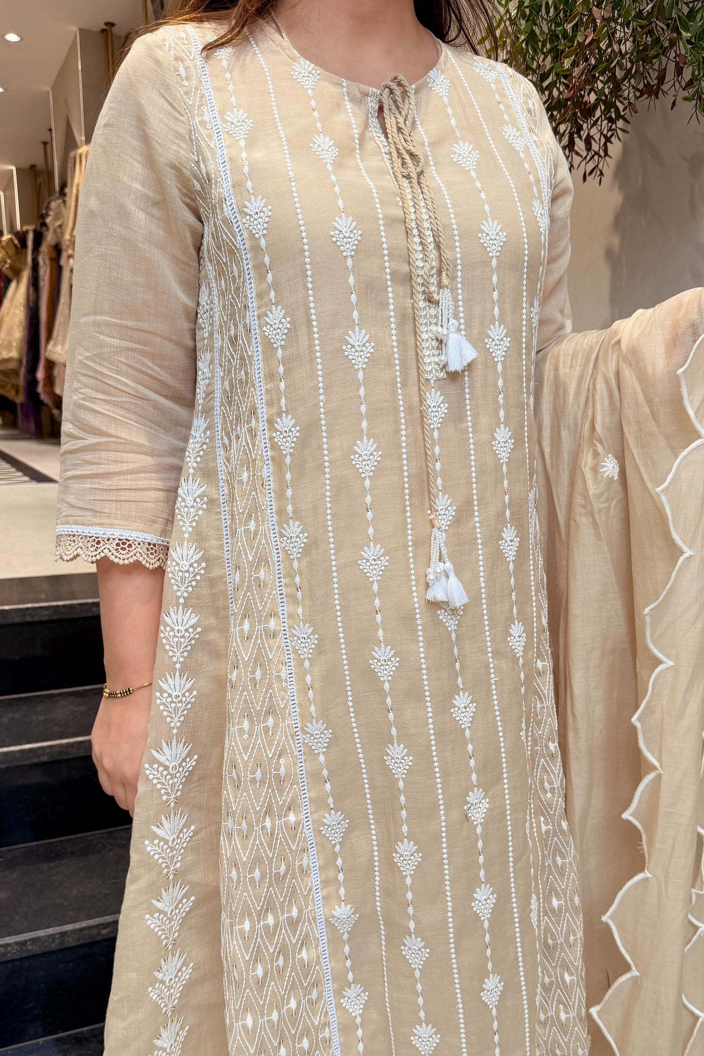 Varah Beige Thread Embroidered Suit Set