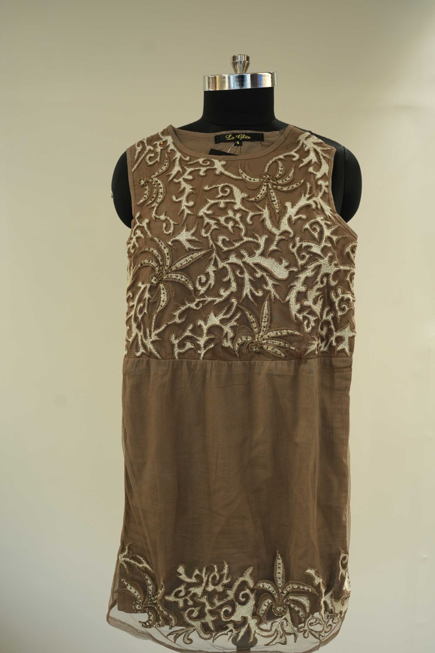 Brown Thread Embroidered Short Dress